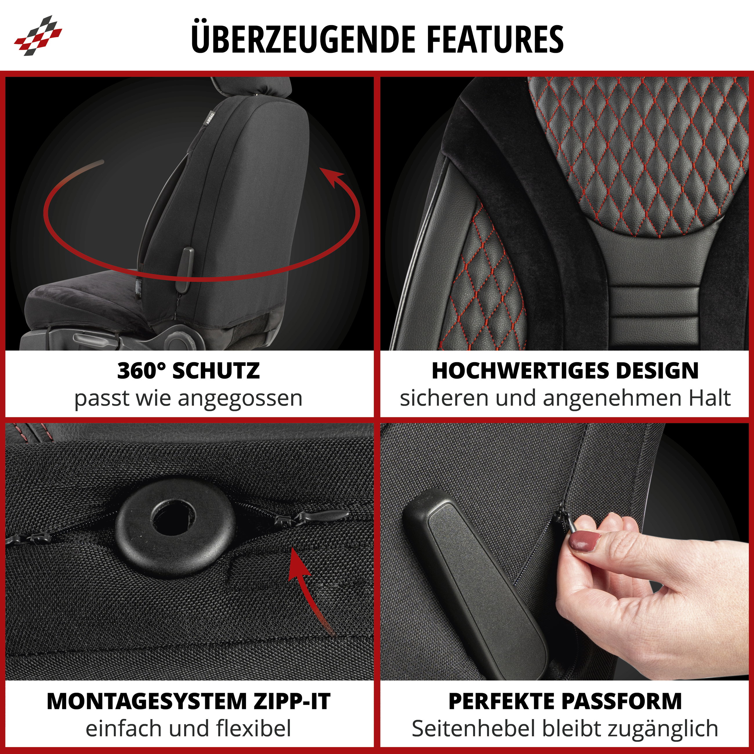 Autositzbezug ZIPP-IT Deluxe Balmoral, PKW-Schonbezüge für 2 Vordersitze mit Reißverschluss-System schwarz/rot