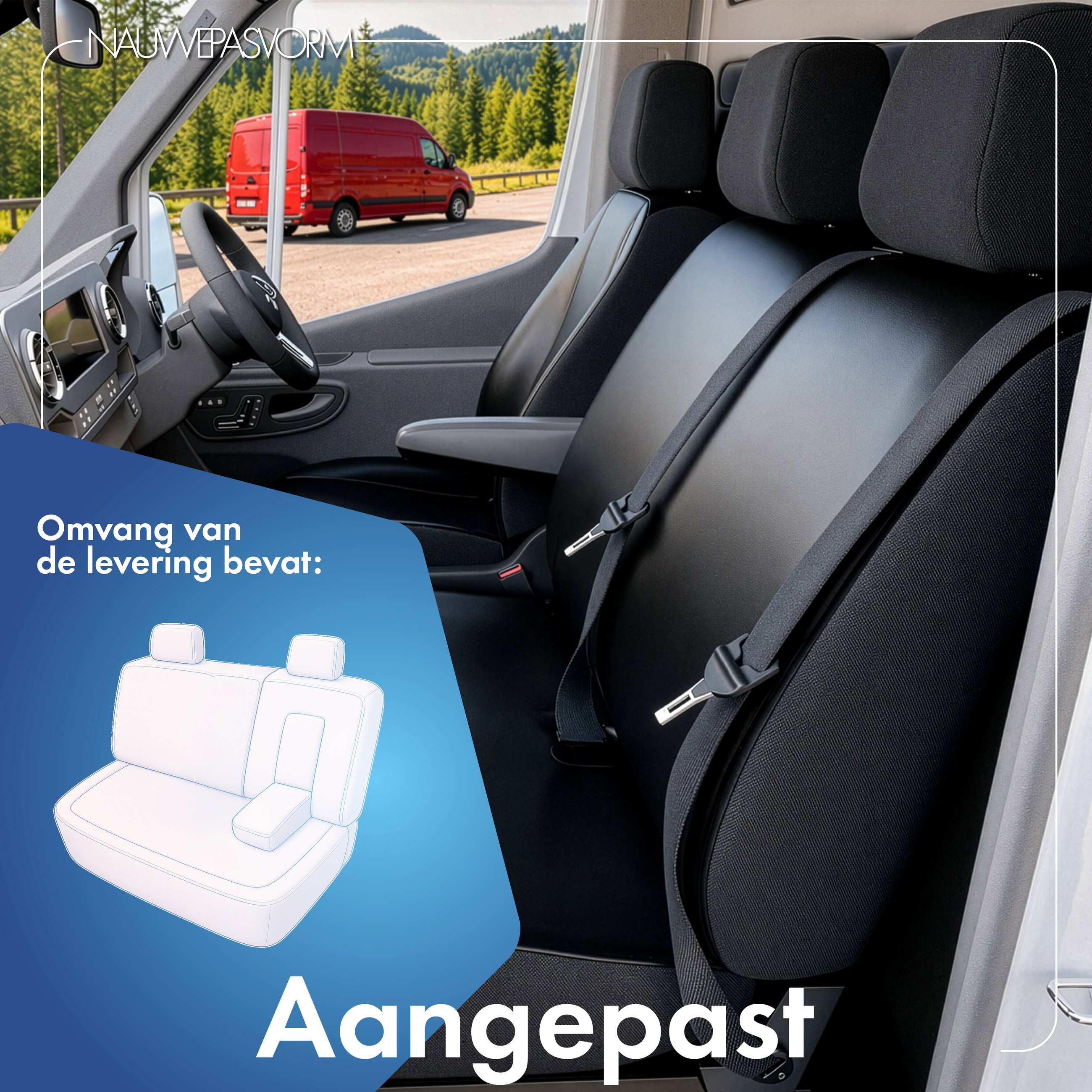 Autostoelhoes Transporter Fit Kunstleer antraciet geschikt voor Ford Transit, Deelbare dubbele bank vooraan (uitsparing voor tafel)
