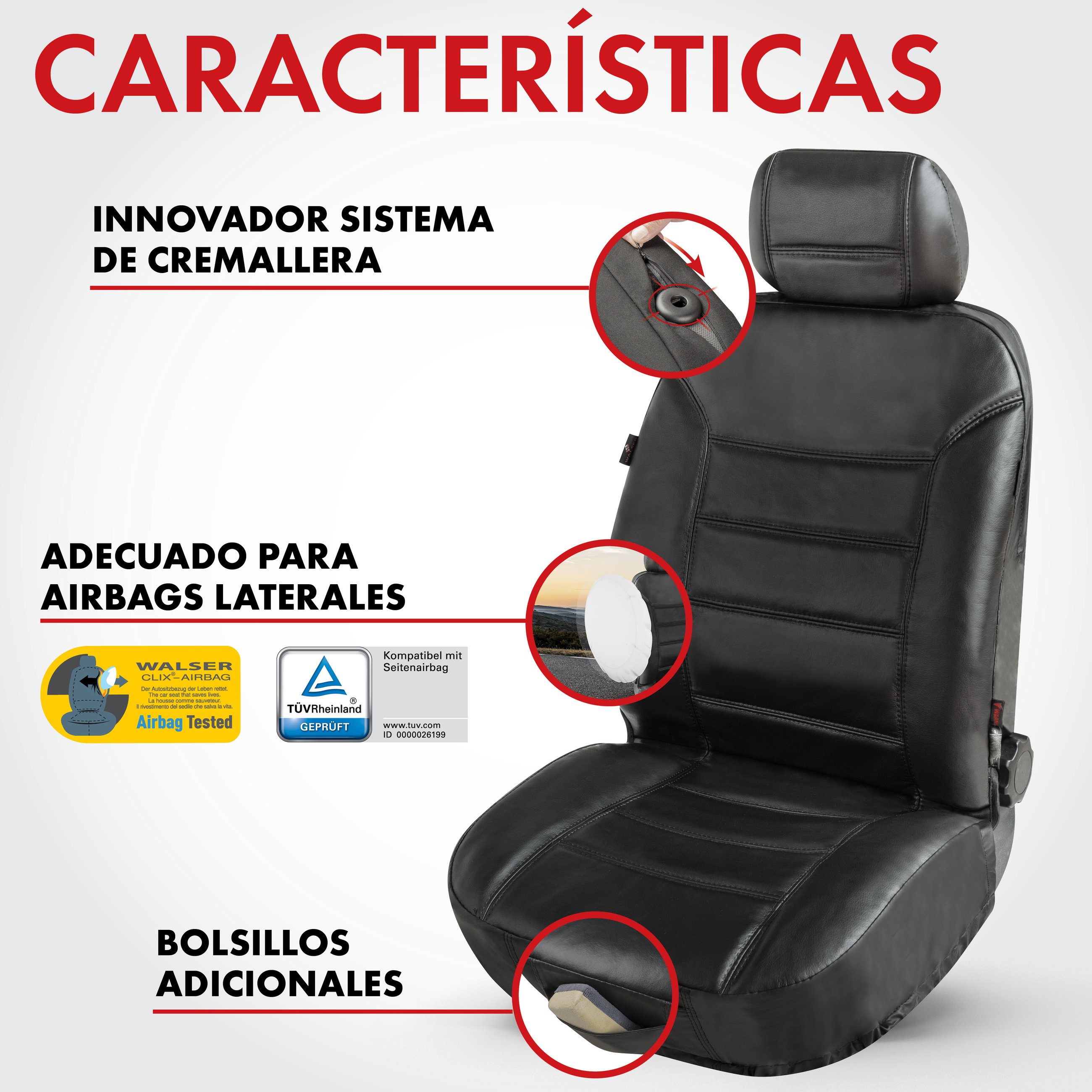 Funda de asiento Billy de cuero auténtico, funda protectora de coche cuero auténtico, funda de asiento delantero ZIPP-IT negro, 1 pieza