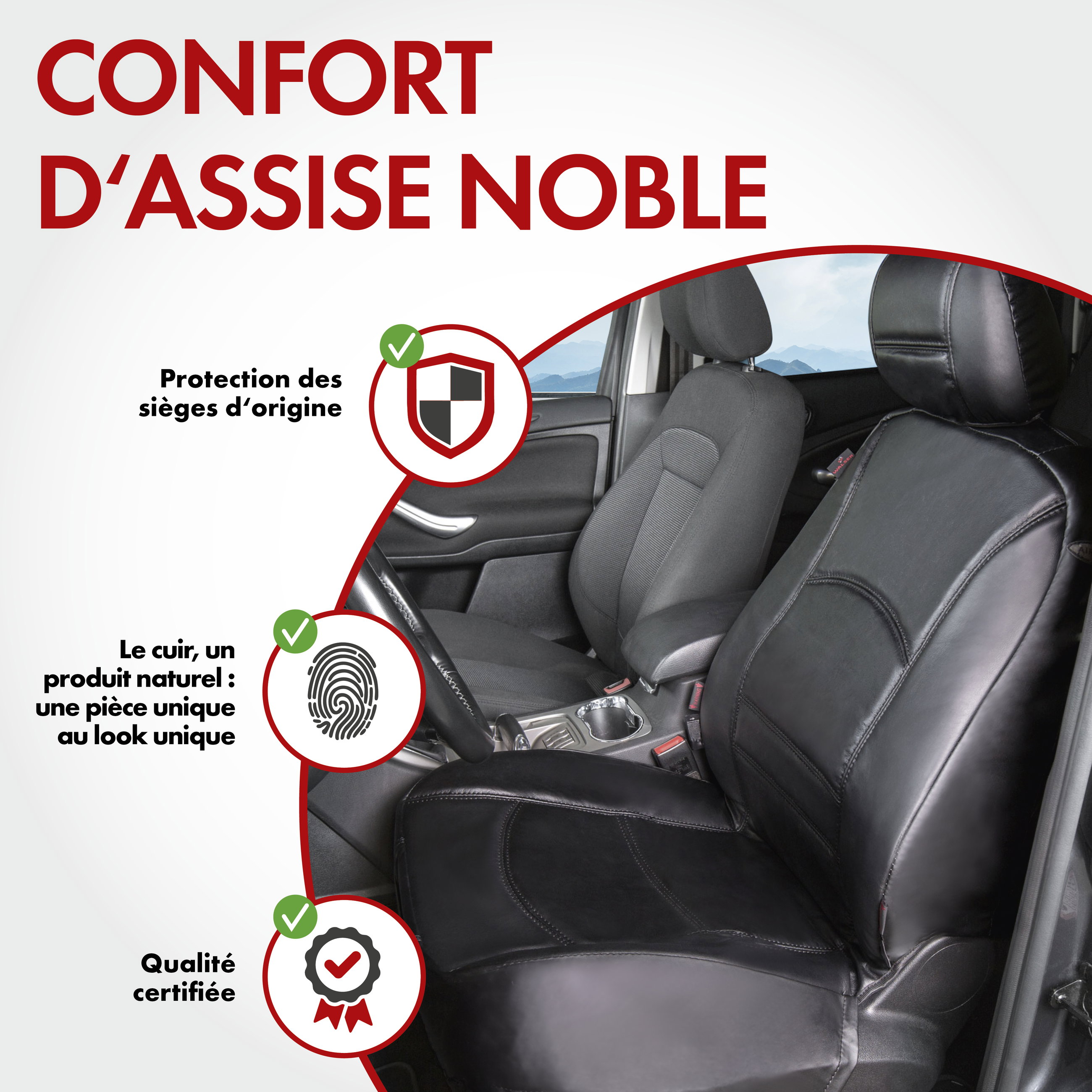 Housse de siège Ranger en cuir véritable noir, 1 pièce