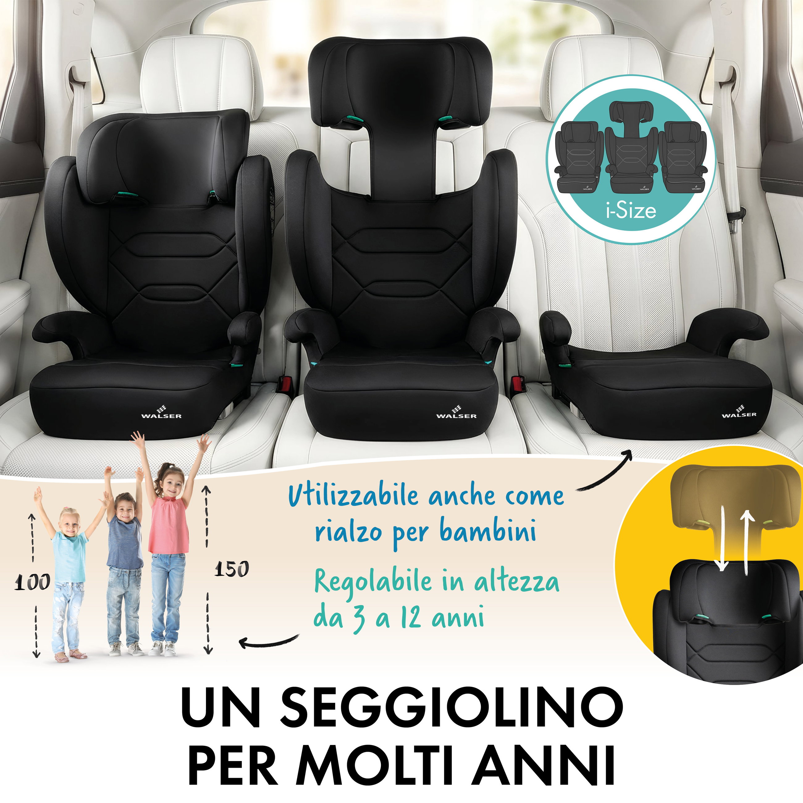 Seggiolino auto Numa con guide ISOFIX, seggiolino confortevole (3-8 anni) 100-150 cm, seggiolino auto 2in1 con schienale rimovibile e poggiatesta regolabile ECE R 129 certificato nero