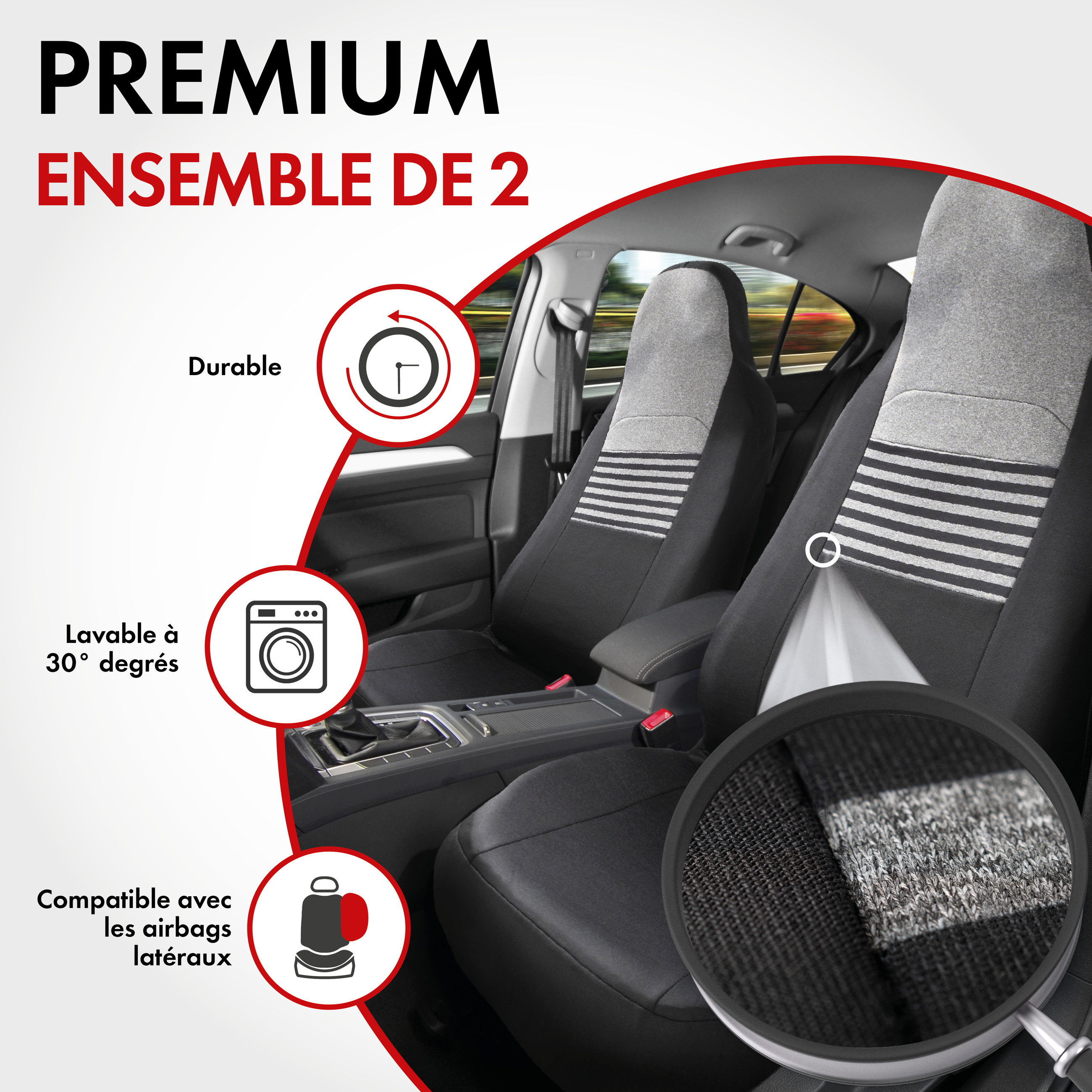 ZIPP IT Premium Housse de sièges Gordon pour deux sièges avant avec système de fermeture éclair noir/gris