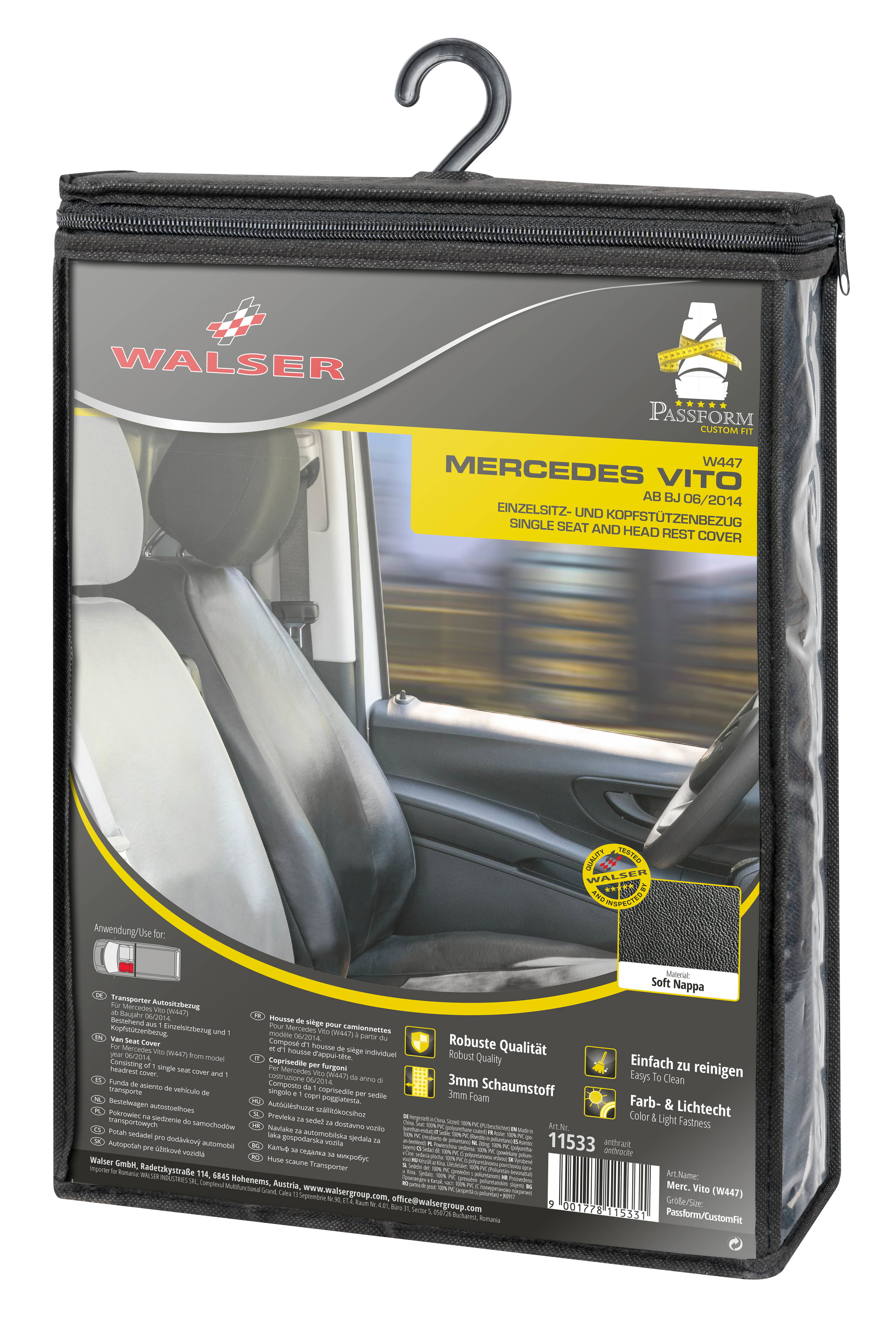 Mercedes-Benz V-Klasse/Vito Mixtro/Vito Tourer/EQV (W447) kompatibler Sitzbezug Kunstleder, passgenau für Einzelsitz vorne (Ausnehmung Armlehne rechts), robuste Sitzbezüge Transporter/Van anthrazit