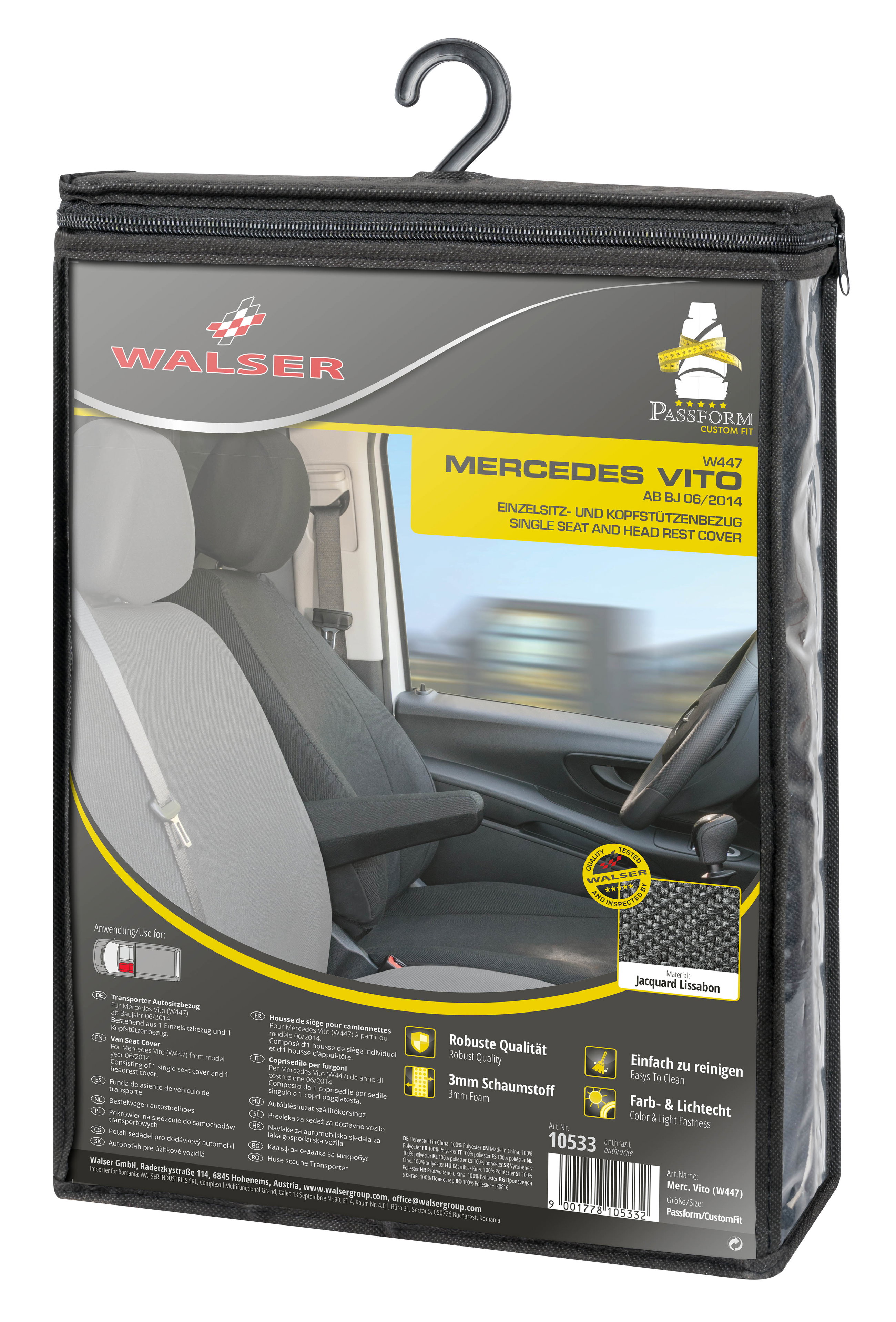 Mercedes-Benz V-Klasse/Vito Mixtro/Vito Tourer/EQV (W447) kompatibler Sitzbezug Stoff, passgenau für Einzelsitz vorne (Ausnehmung Armlehne rechts), robuste Sitzbezüge Transporter/Van anthrazit