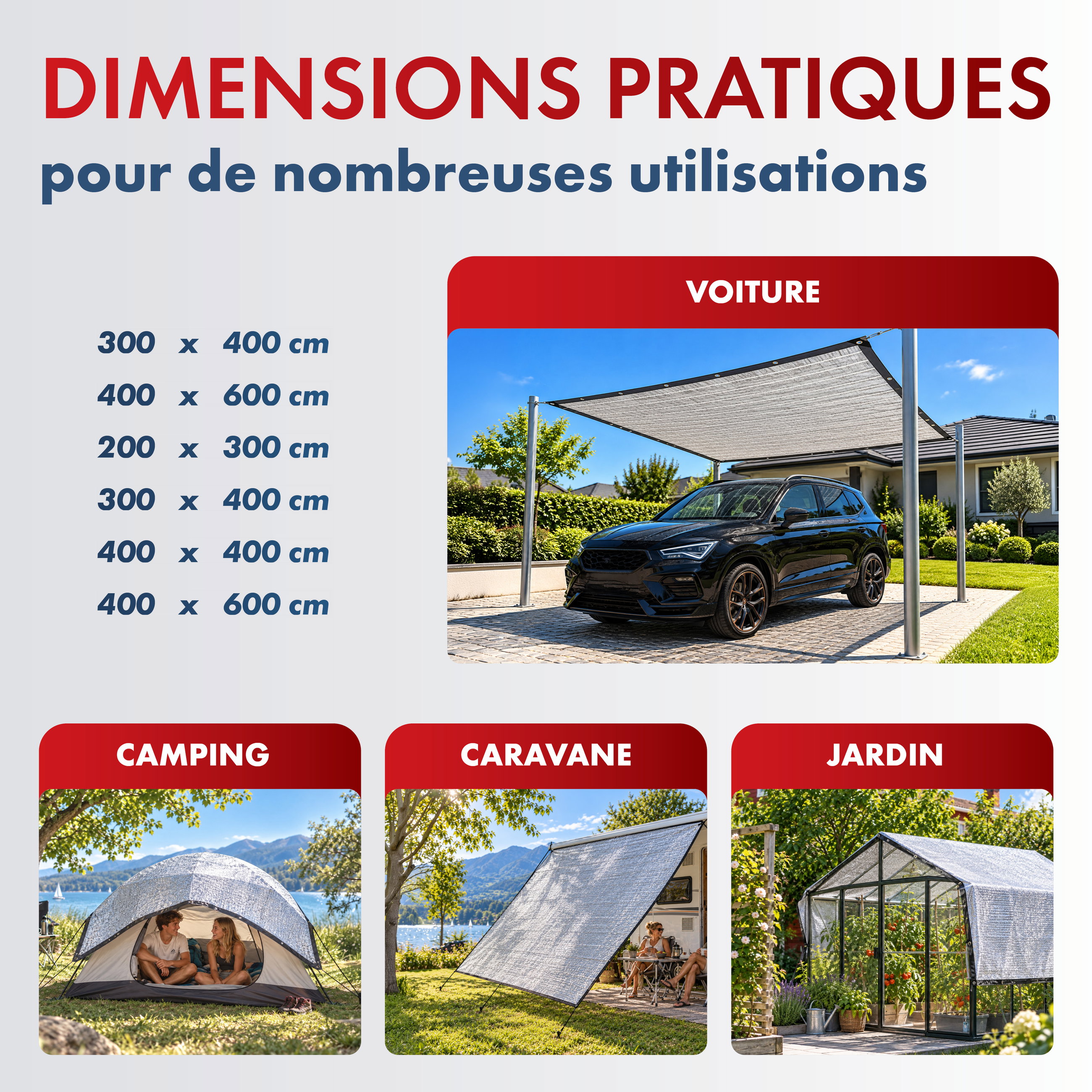 Filet pare-soleil Stay Cool, filet d'ombrage pour voiture (jusqu'à 20 °C plus frais), protection solaire pour chien avec protection UV, voile d'ombrage, pare-soleil pour voiture argent 4x6m