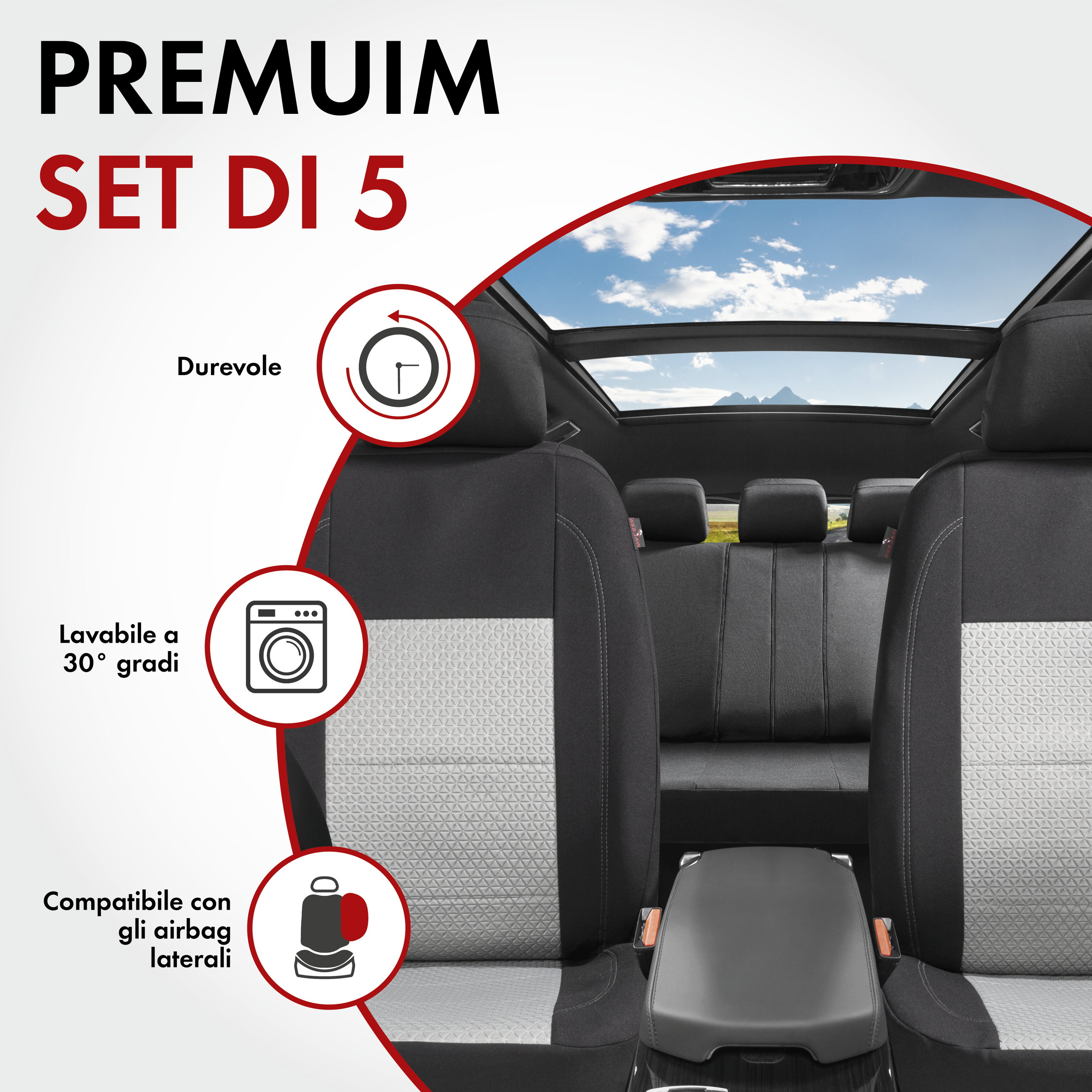 ZIPP IT Premium Coprisedili Avignon set completo con sistema di chiusura lampo nero/argento