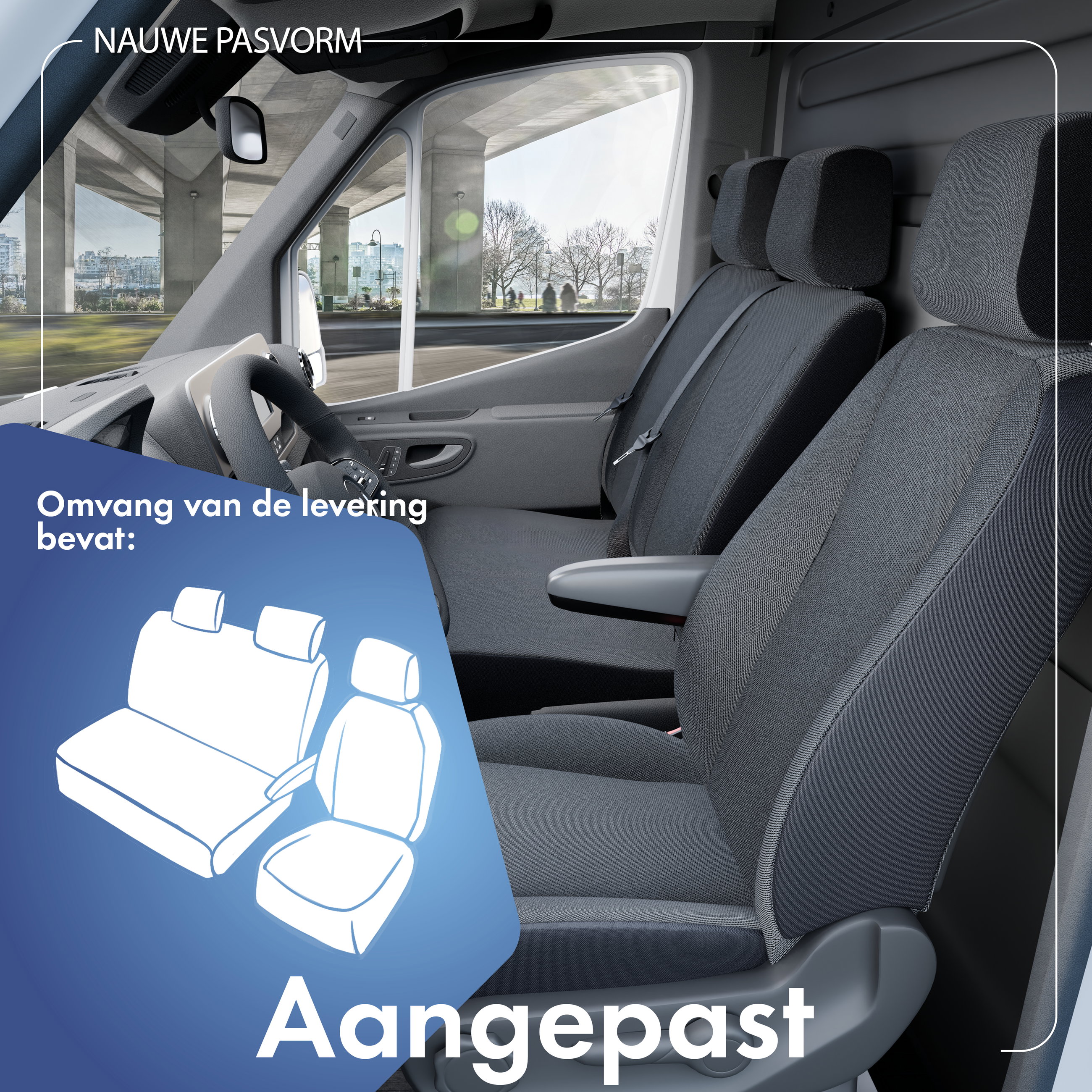 Autostoelhoes Transporter Fit van stof antraciet geschikt voor Mercedes Sprinter, VW LT, 1 enkele zitplaats voorin (uitsparing armleuning) & dubbele zitbank voorin