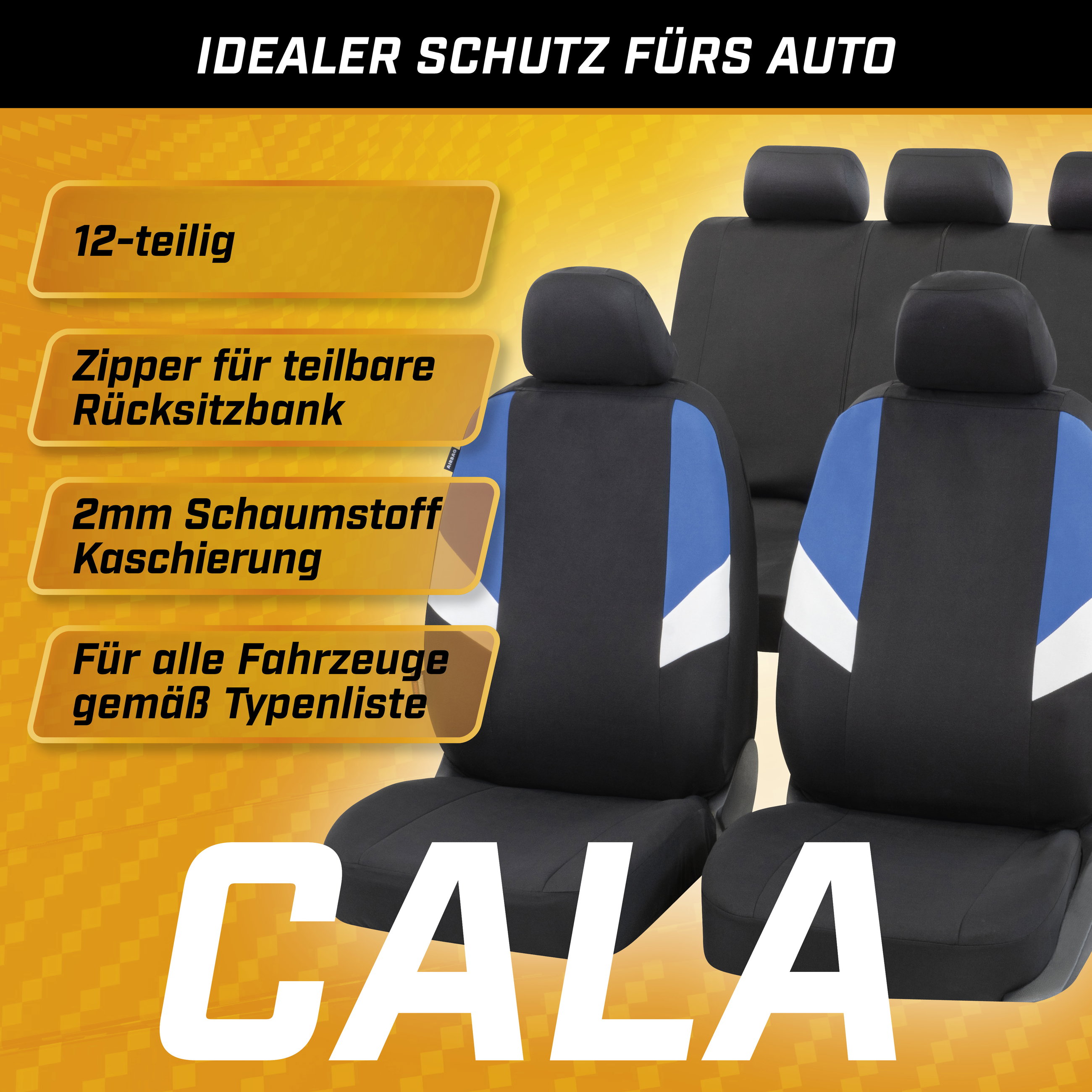 Autositzbezug Cala, PKW-Schonbezüge Komplettset schwarz/blau/weiß