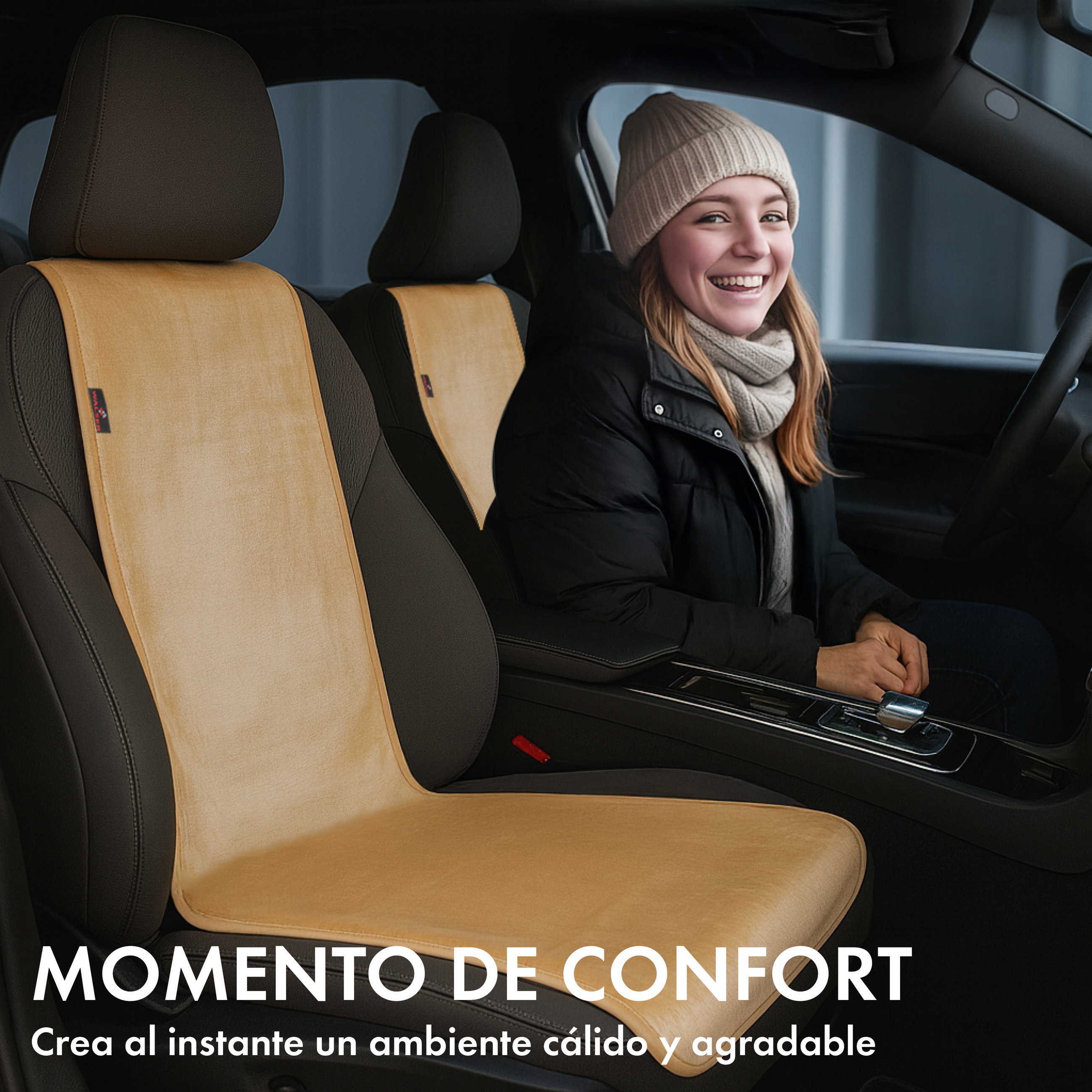 Kissen, Erwachsener, Weiblich, Person, Frau, autoinnercar, car seat cover, beige seat cover, heated seat accessory, interior comfort