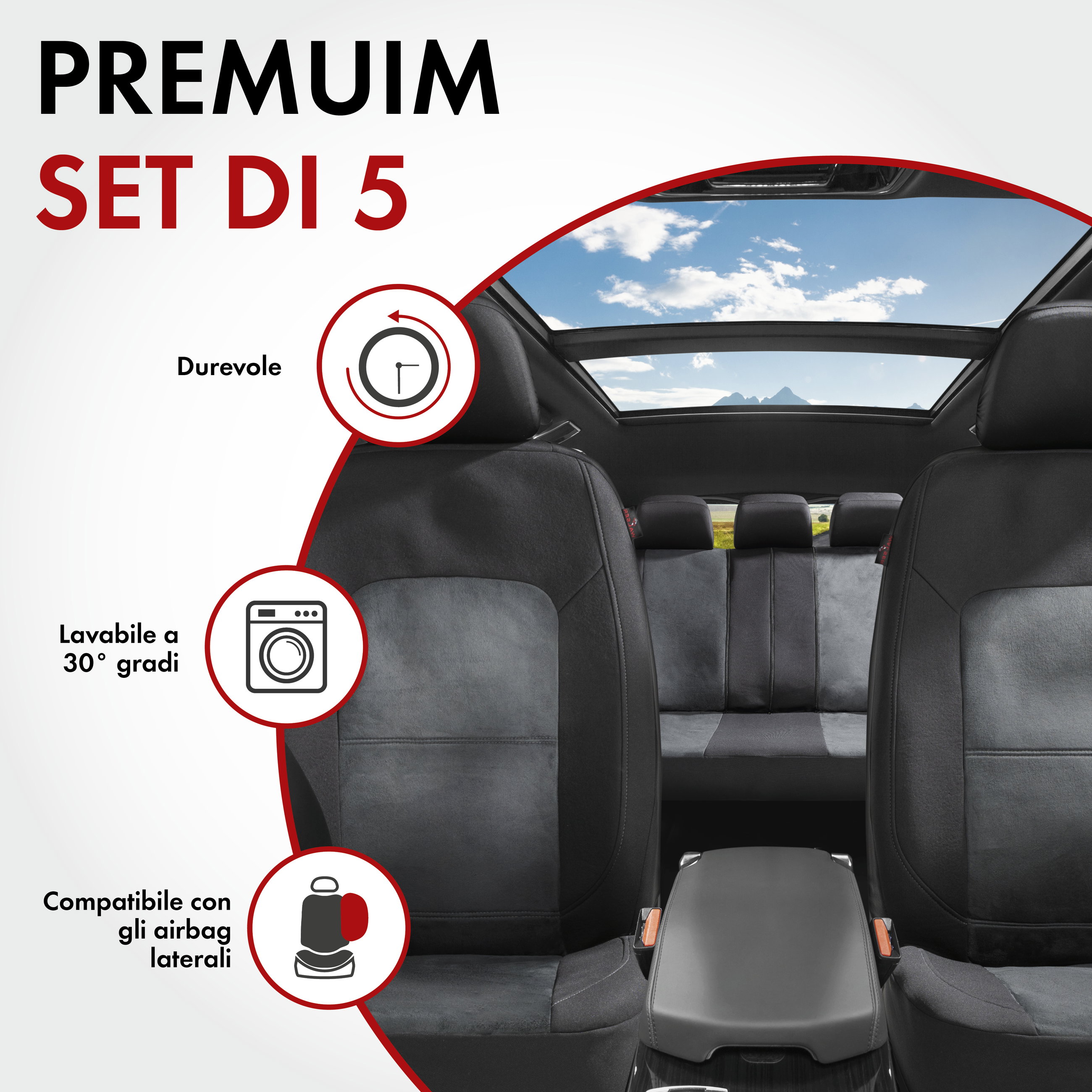 ZIPP IT Premium Coprisedili Ellington set completo con sistema di chiusura lampo nero/grigio