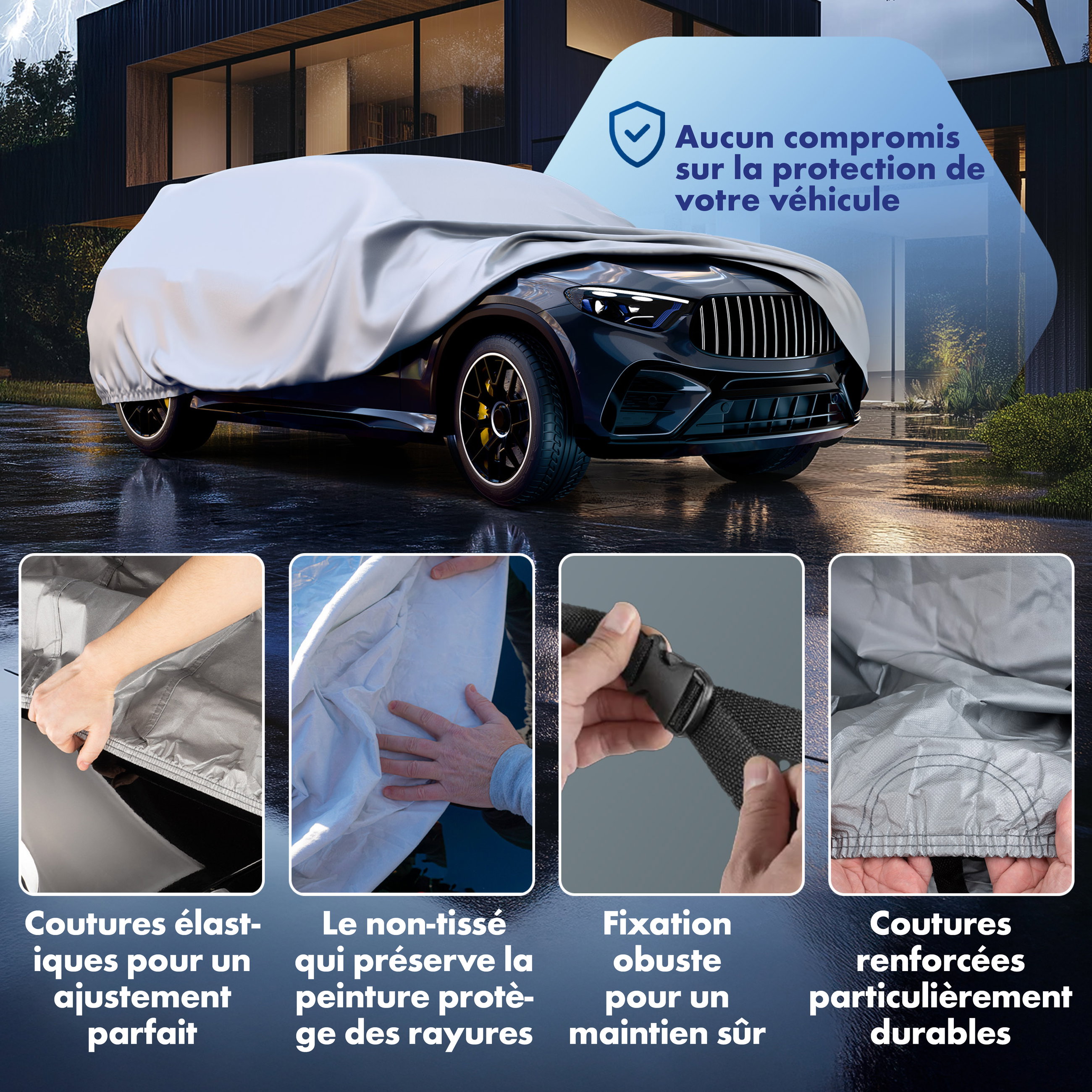 Housse de voiture All Weather, bâche de voiture garage complet taille 7 SUV/VAN argent