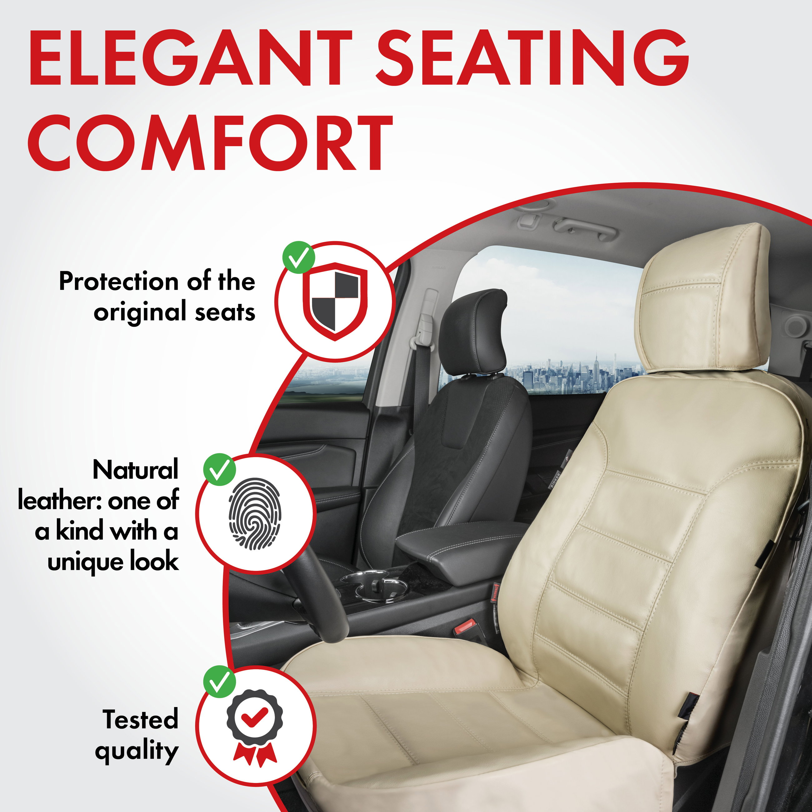 Car Seat cover Billy in real leather beige ZIPP-IT, 1 piece