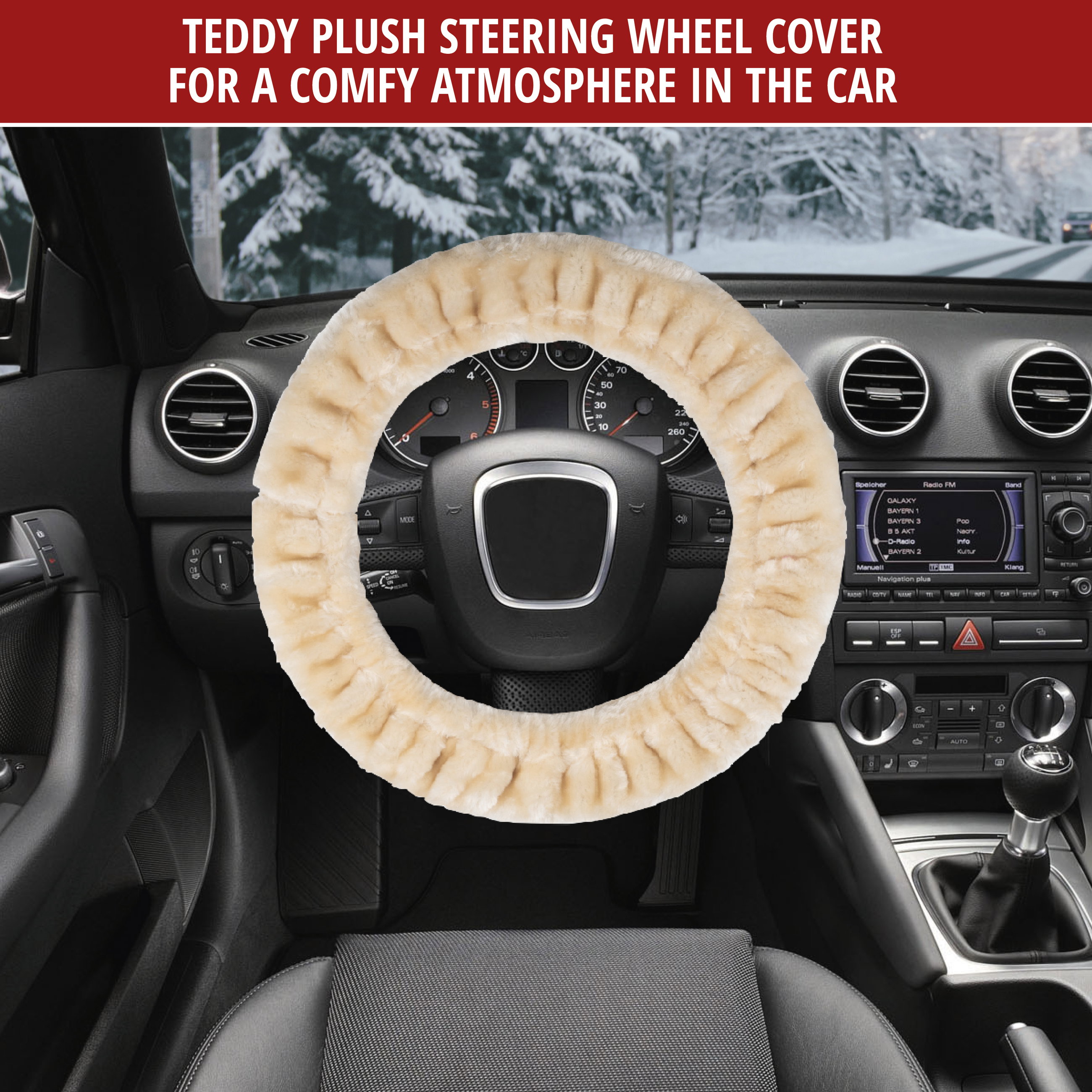 Teddy plush steering wheel cover, fluffy faux fur steering wheel cover, plush steering wheel protector beige
