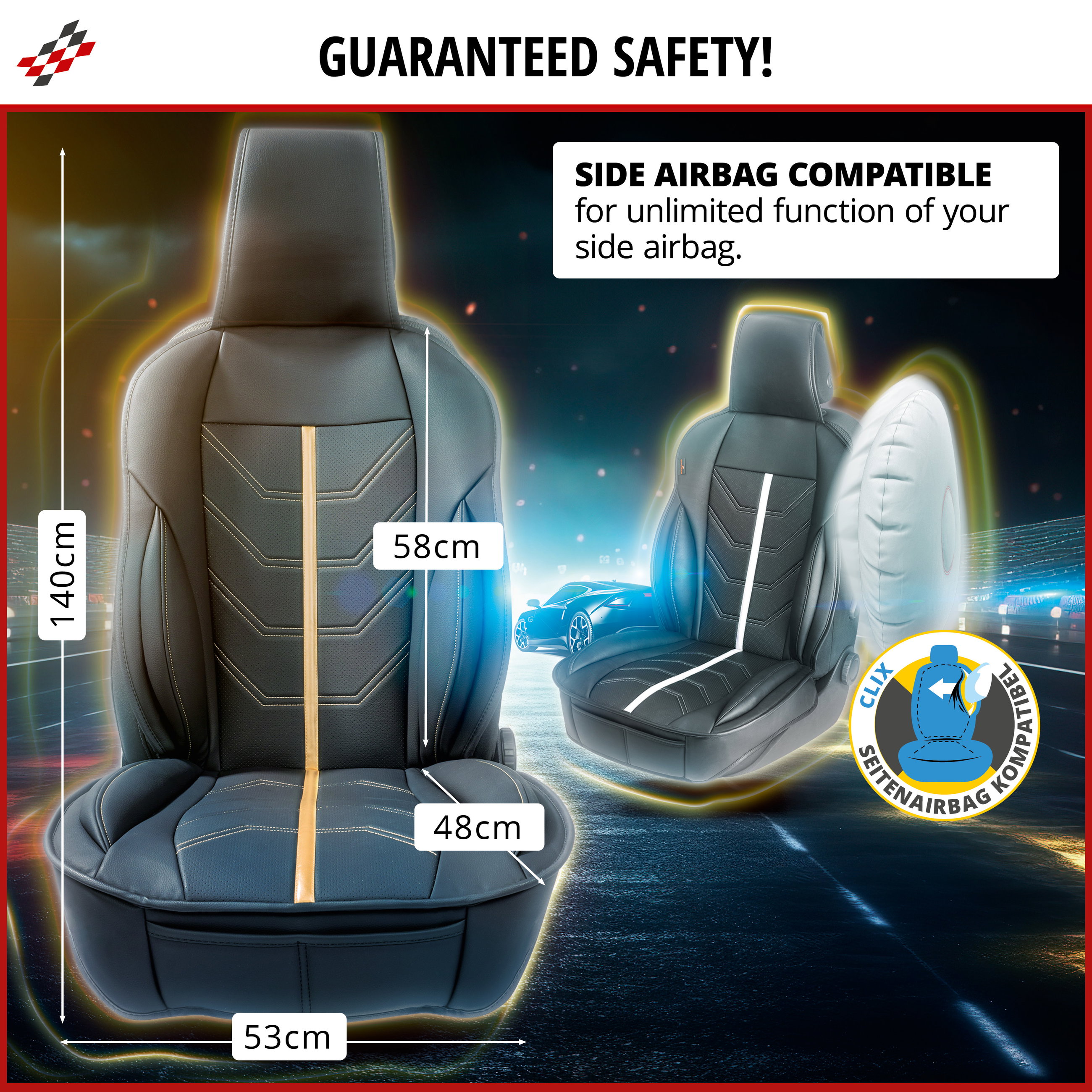 Autositz, Sitzeinlage, Kfz-Sitzbezug, Kompatibel-Side-Airbag, Abmessungen-58cm-40cm-48cm-53cm