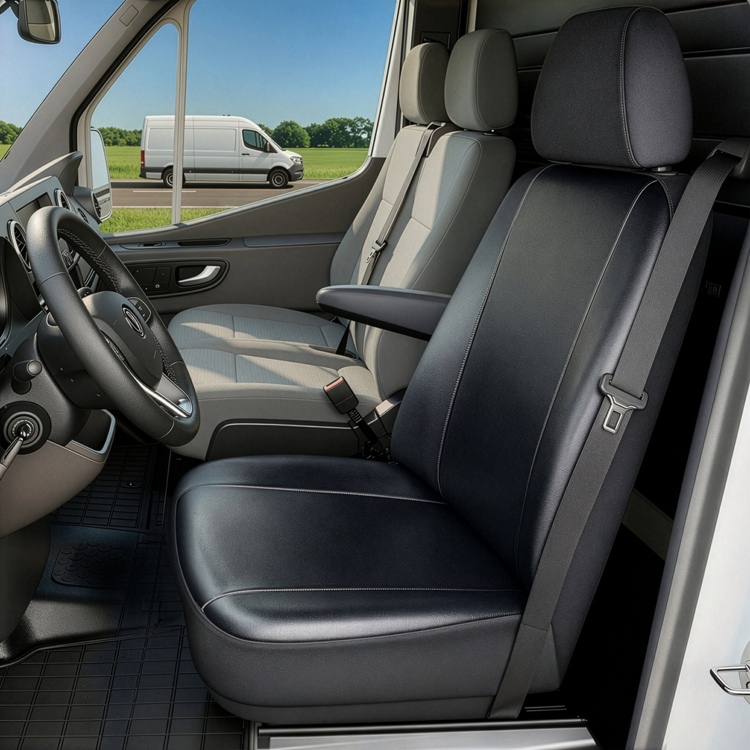 VW T6/Caravelle T6 kompatibler Sitzbezug Kunstleder, passgenau für Einzelsitz vorne (Ausnehmung Armlehne), robuste Sitzbezüge Transporter/Van anthrazit