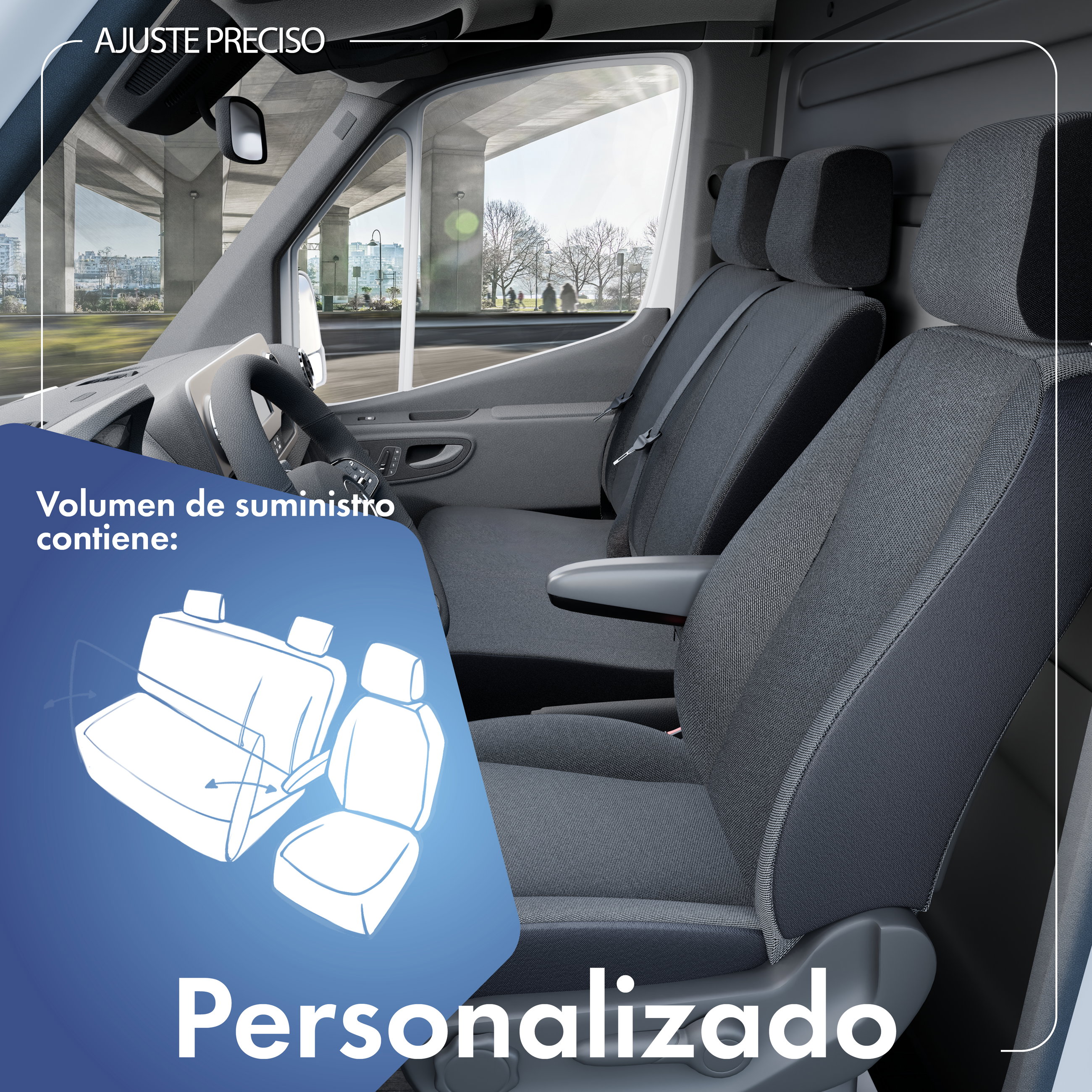 Mercedes-Benz Sprinter, VW Crafter funda de asiento compatible de tela, ajuste perfecto para asiento individual delantero (hueco reposabrazos) + banco doble delantero abatible (hueco mesa)