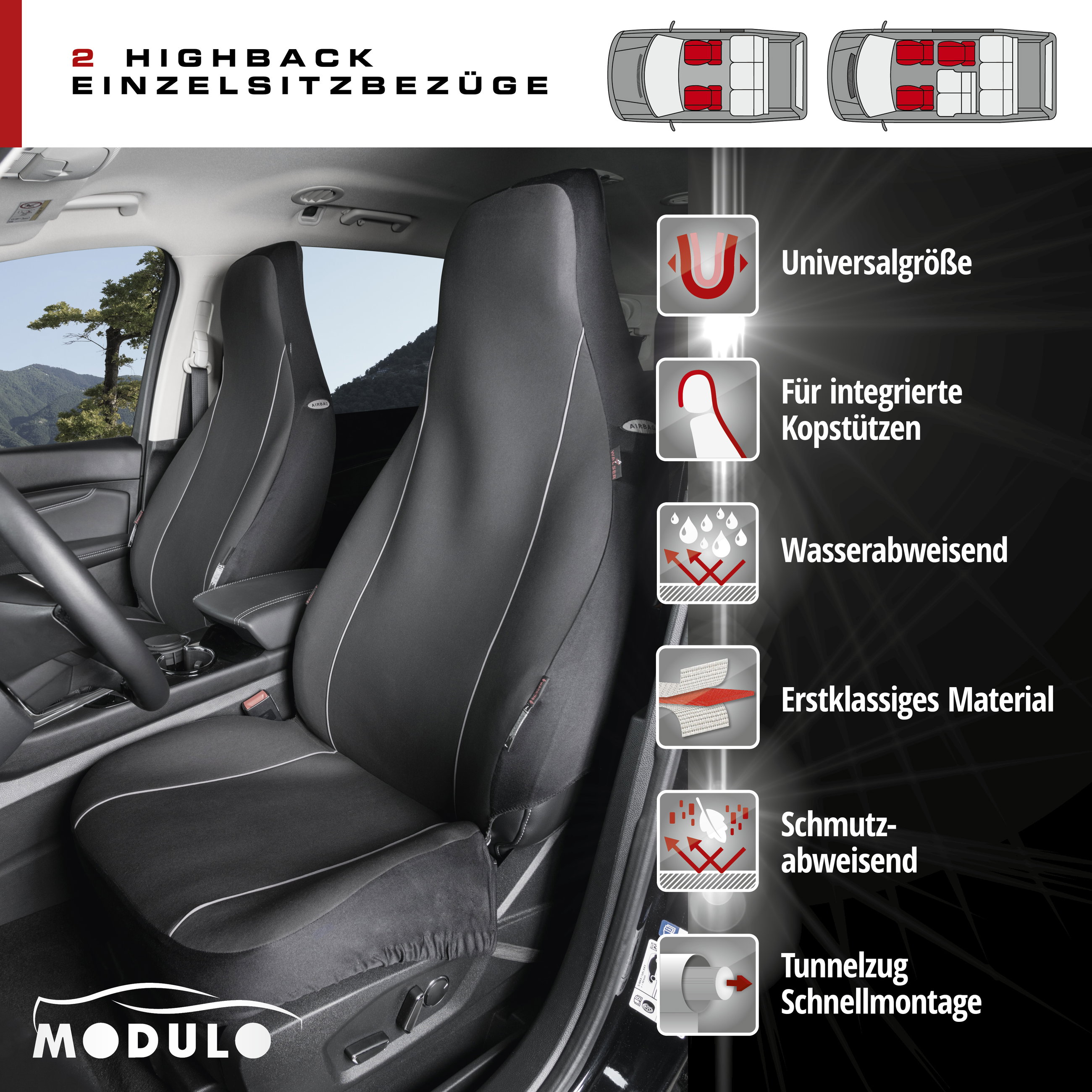 Autositzbezug Modulo, PKW-Schonbezüge für 2 Vordersitze Highback graphit