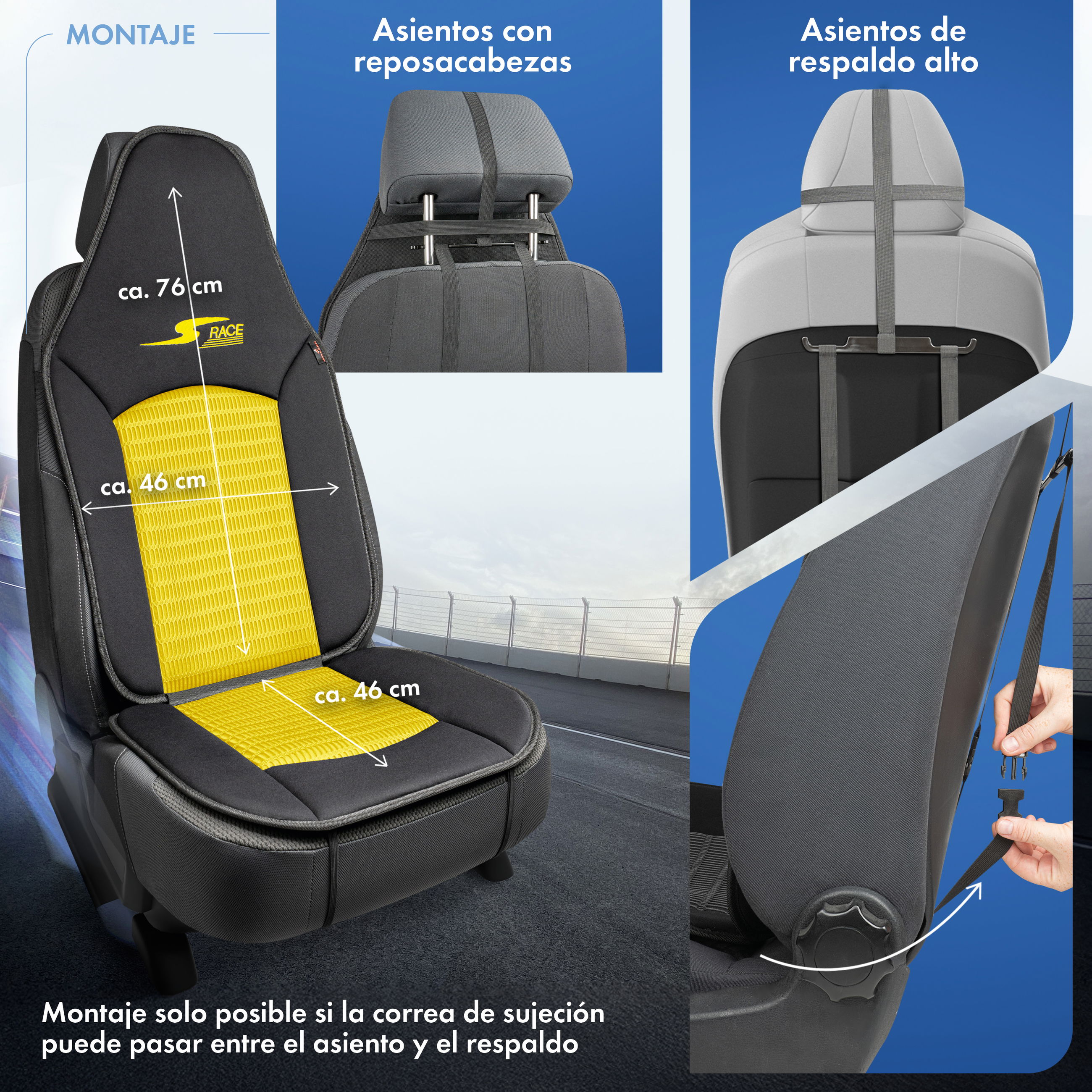 Cojín de asiento S-Race, coche protector de asiento para Highback-/asientos tipo piloto, coche protector de asiento asientos delanteros amarillo, 1 pieza