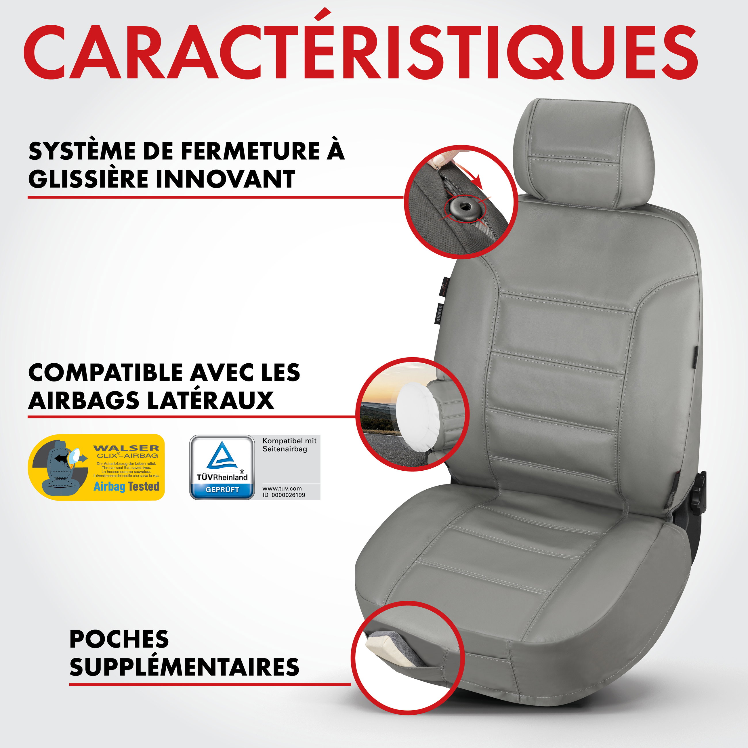Housse de siège Billy en cuir véritable gris ZIPP-IT, 1 pièce