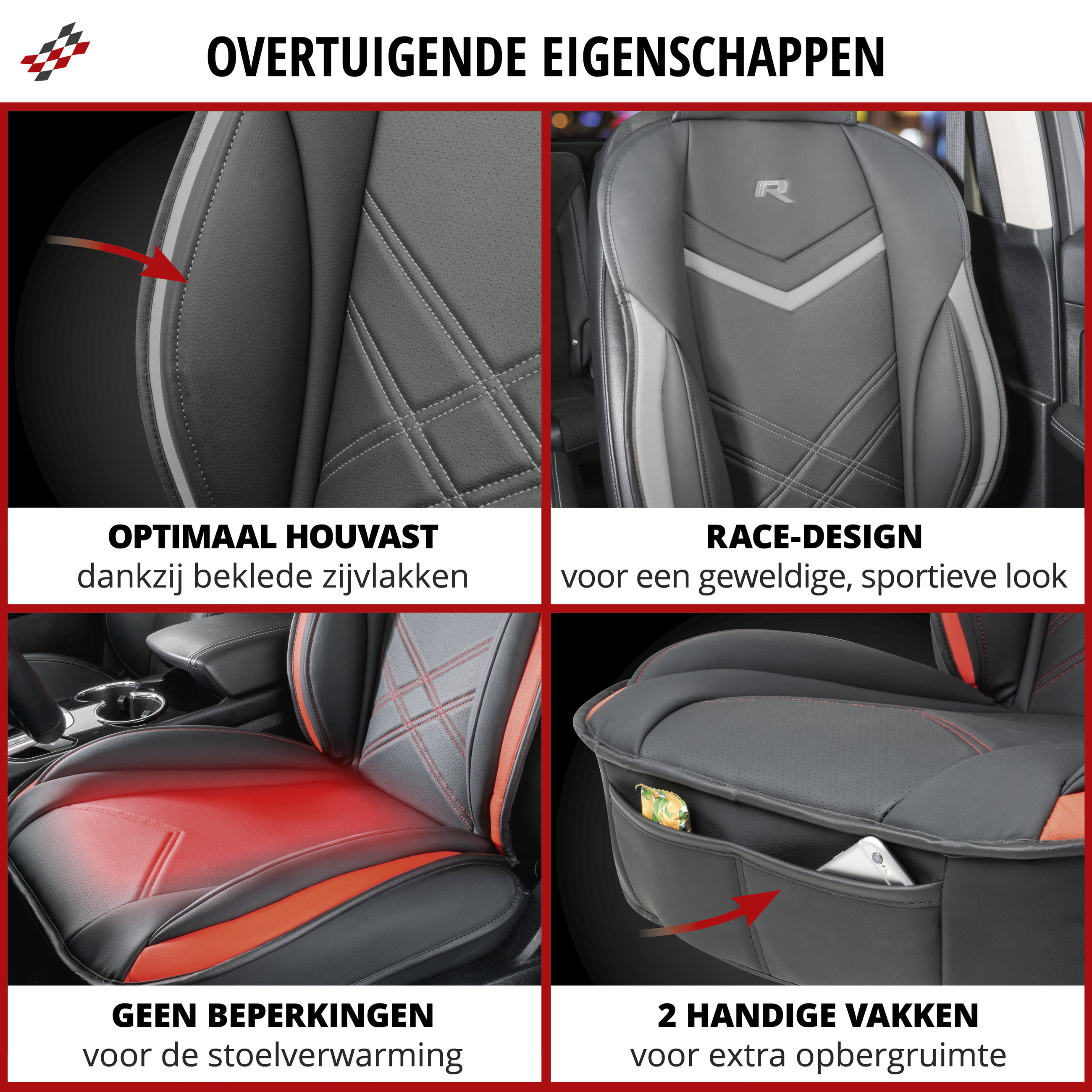 Autostoelhoes, universele stoelhoes en beschermmat in zwart-rood, stoelbeschermer voor auto's en vrachtwagens in racing look, 1 stuk