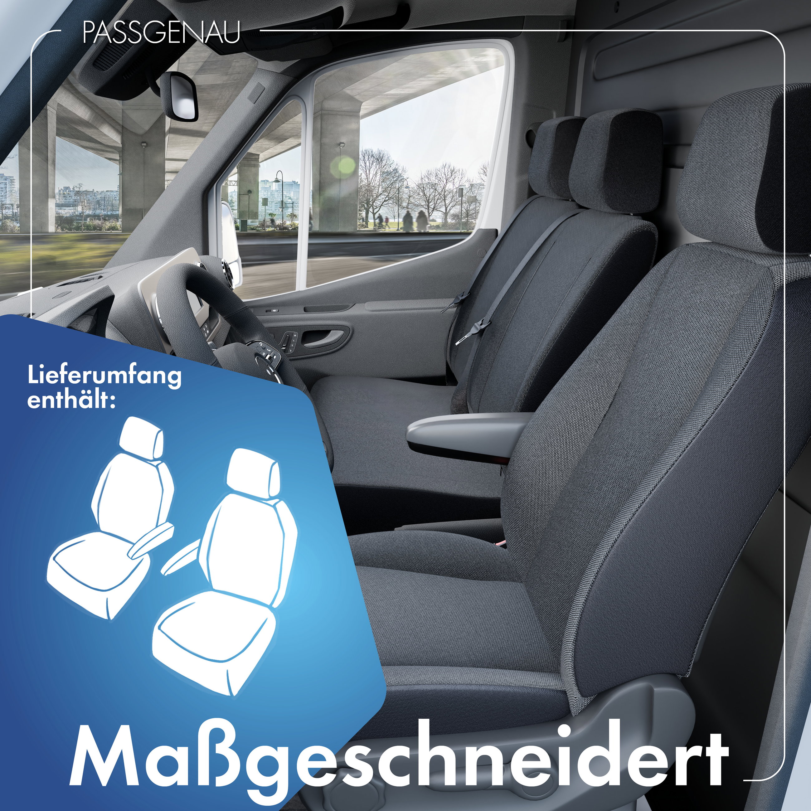 Mercedes-Benz Viano/Vito (W639) kompatibler Sitzbezug Stoff, passgenau für 2 Einzelsitze vorne (Ausnehmung Armlehne innen), robuste Sitzbezüge Transporter/Van anthrazit