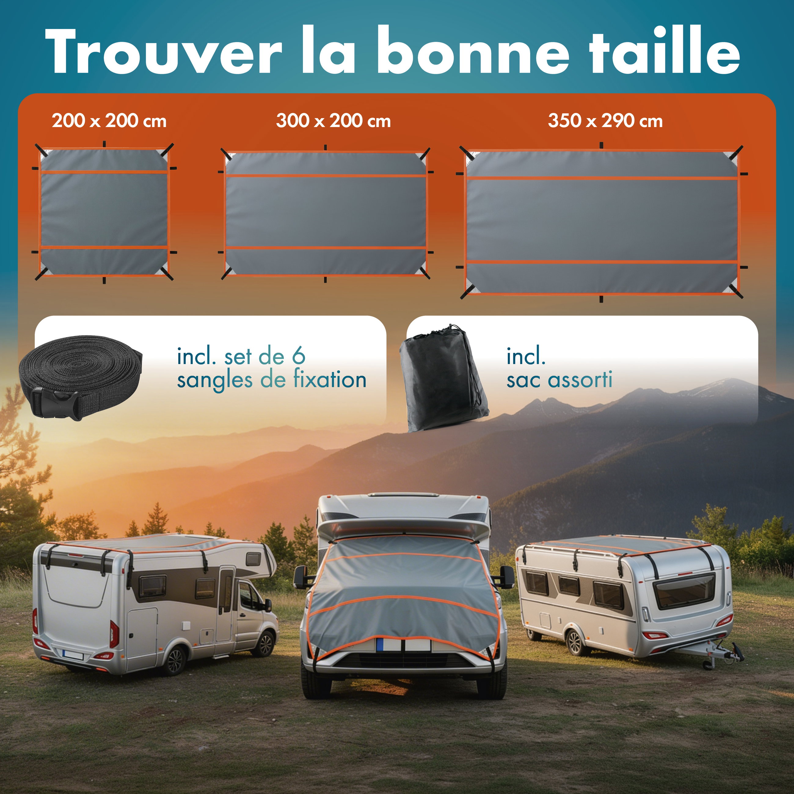 camper trailer, caravan, awning cover, mountain scenery, tarp set