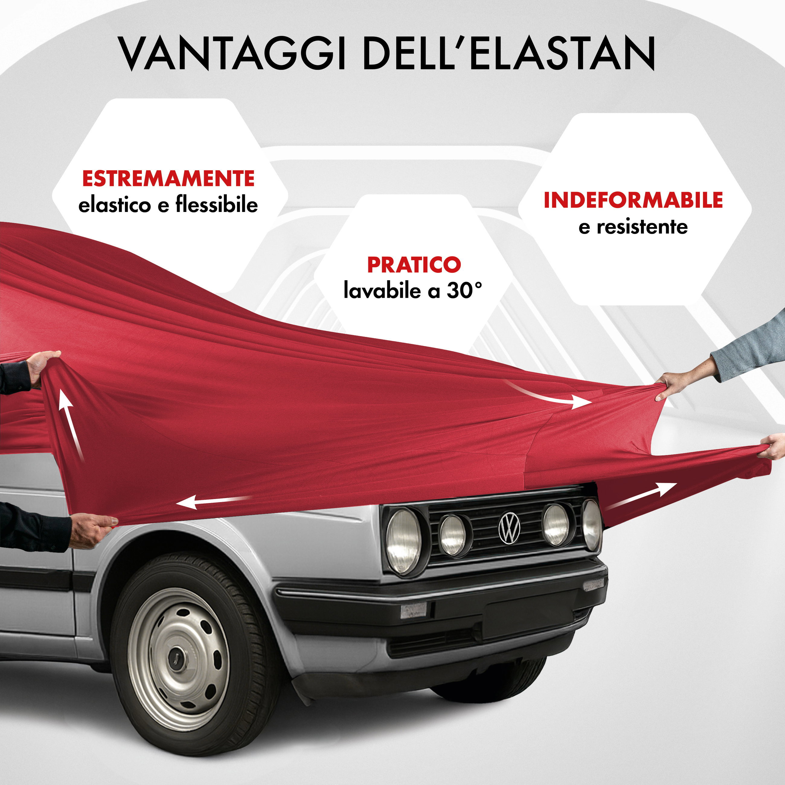 Premium Telo Copriauto da interno Indoor Stretch Plus, Copertura protettiva per uso interno Misura 1 Auto rosso