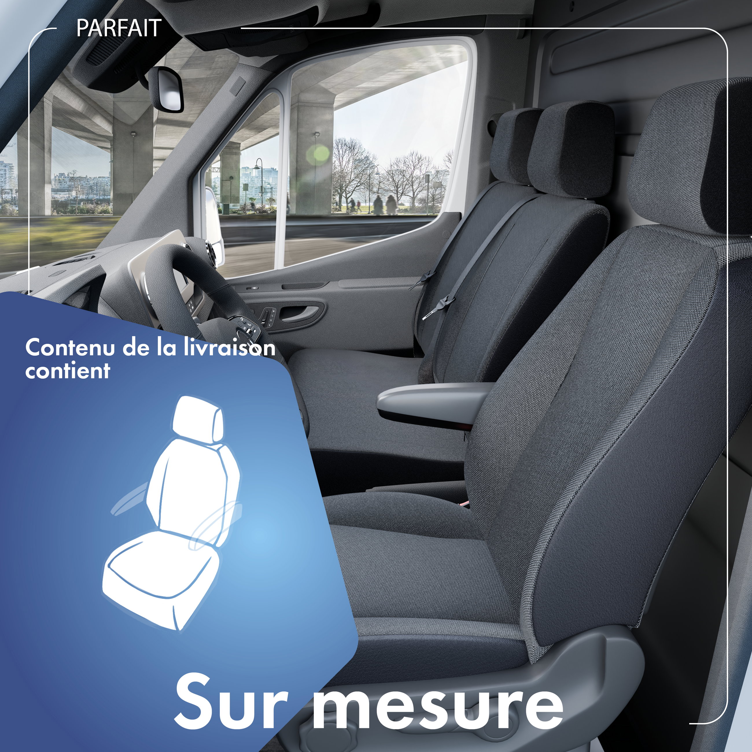 Housse de siège Transporter en tissu pour VW T6, 1 siège individuel à l\'avant (évidement accoudoir)