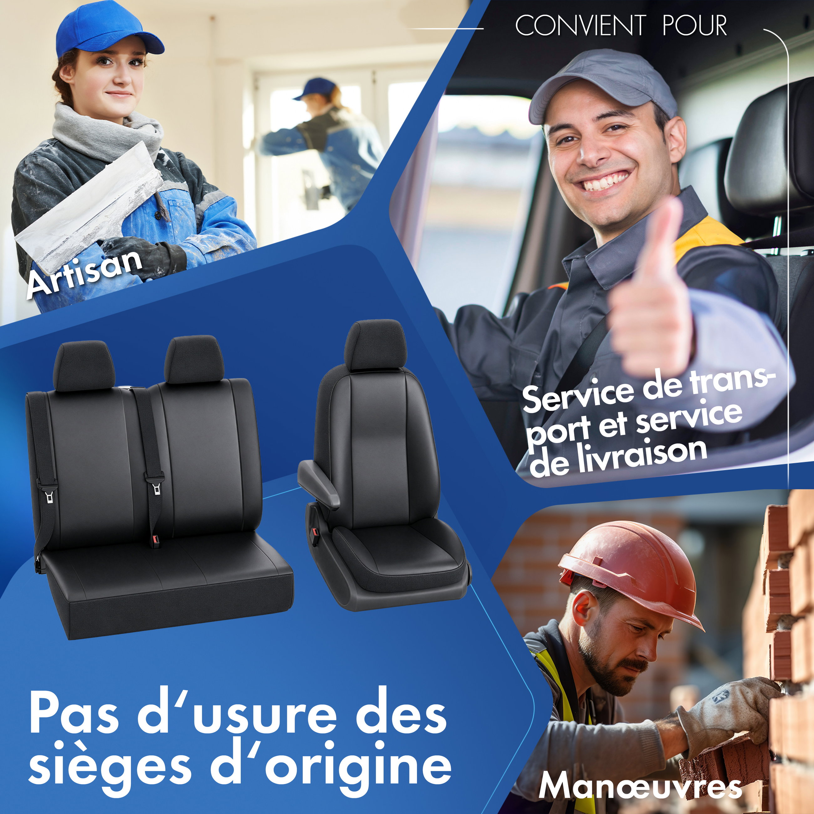 Housse de siège Transporter en simili cuir pour Mercedes-Benz Viano/Vito, 2 sièges individuels à l'avant (évidement accoudoir intérieur)