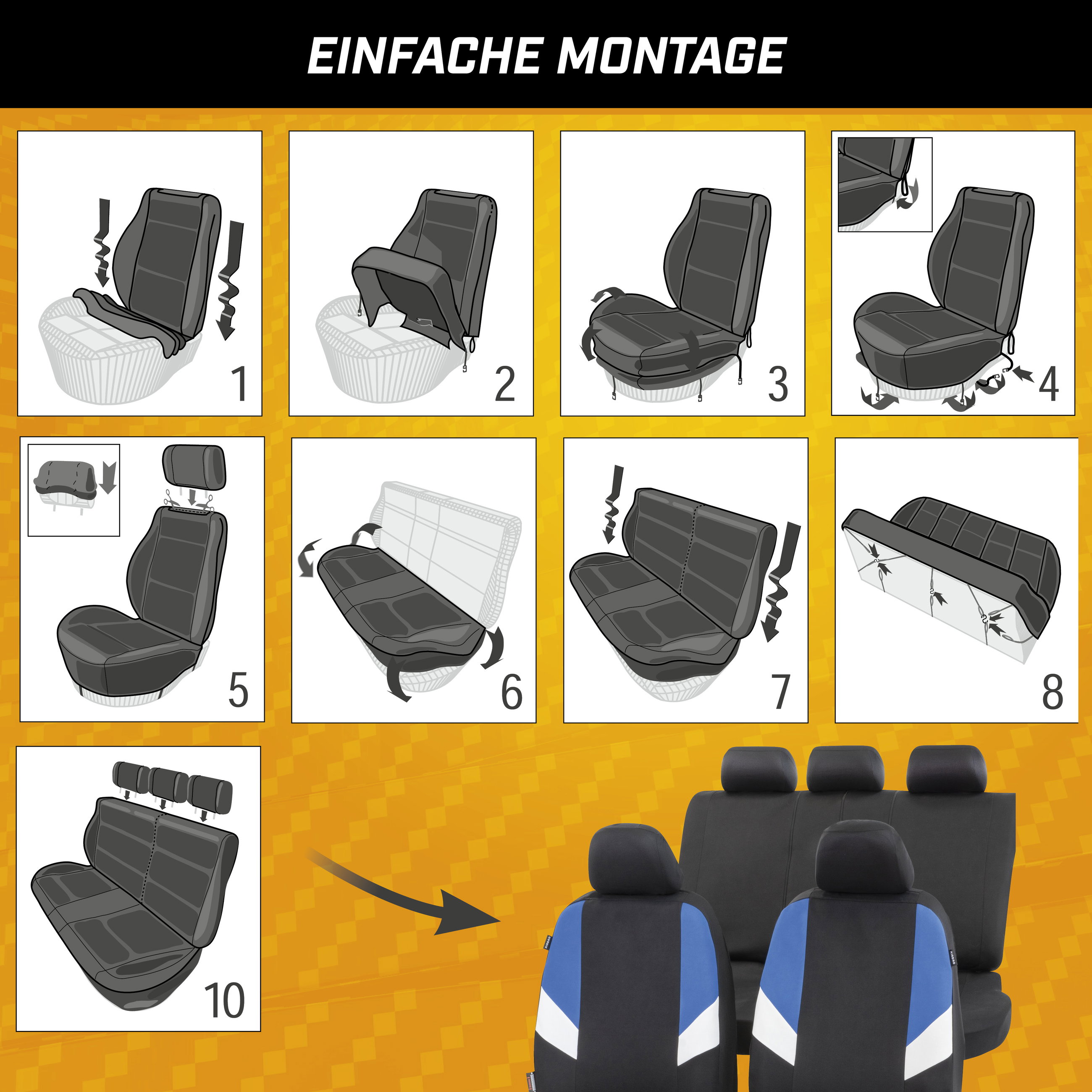 Autositzbezug Cala, PKW-Schonbezüge Komplettset schwarz/blau/weiß