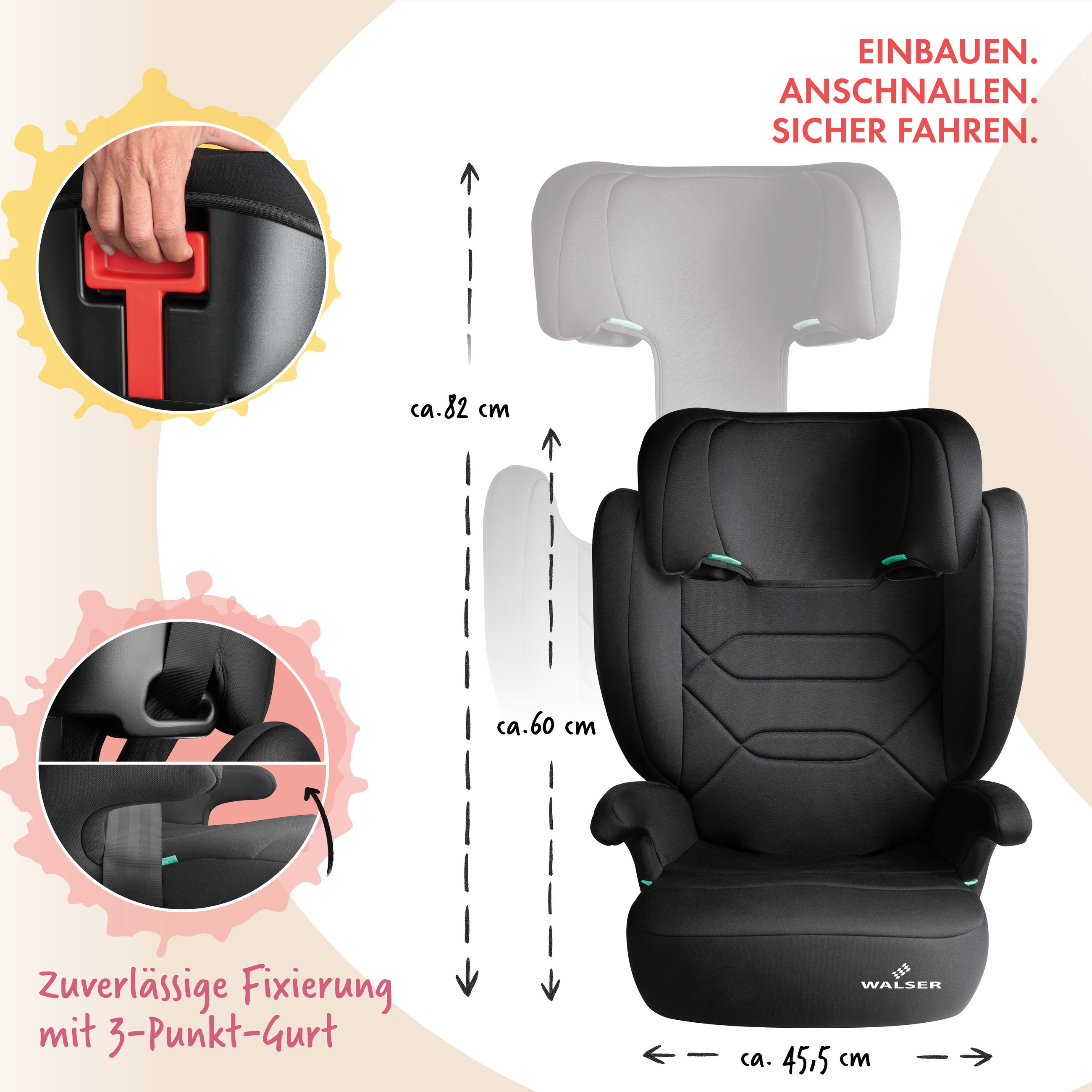 Kindersitz Auto Numa, bequemer Kindersitz (3-8 Jahre) 100-150 cm, 2in1 Auto Kindersitz mit abnehmbarer Rückenlehne und mitwachsender Kopfstütze ECE R 129 geprüft schwarz