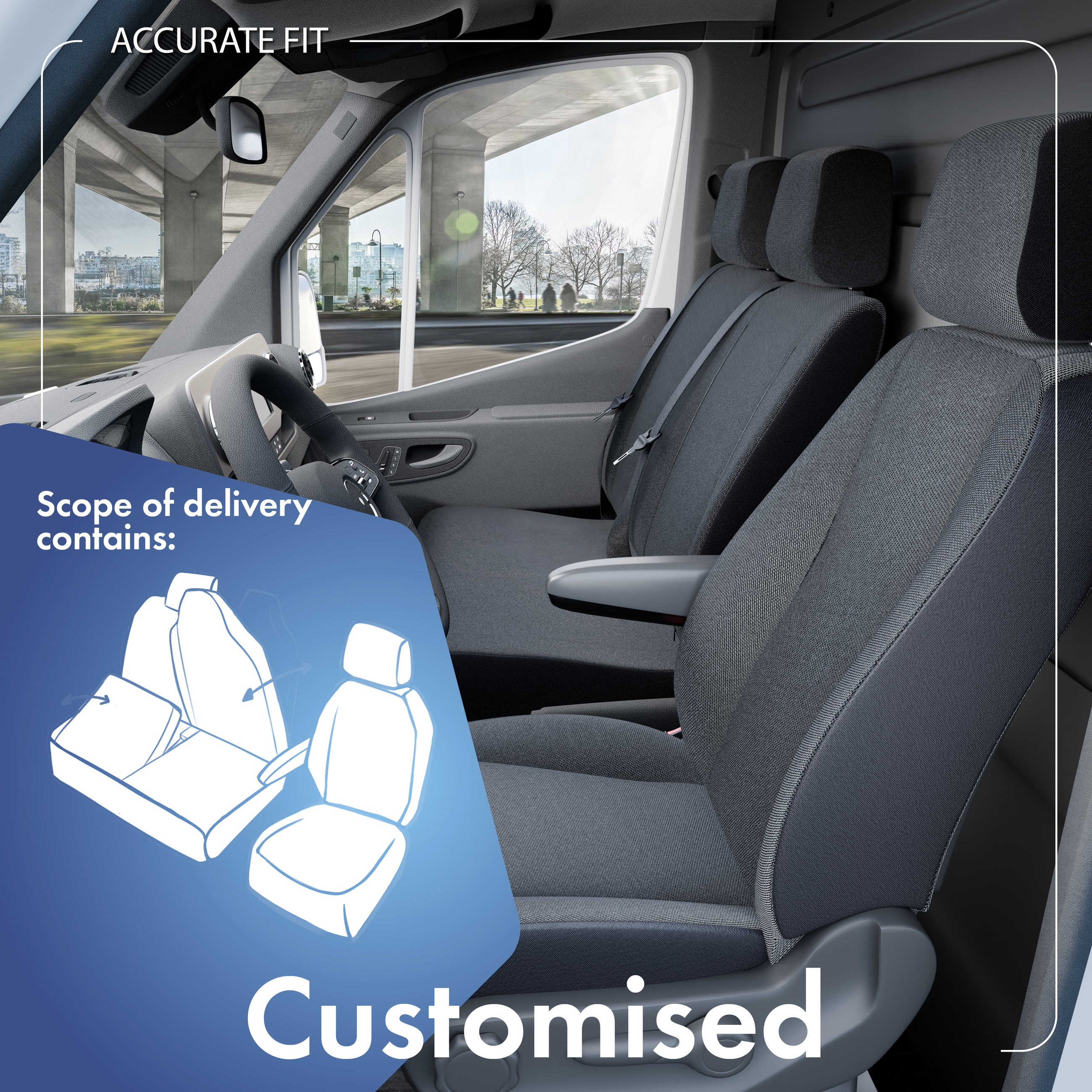 Opel Movano B, Renault Master 3, Nissan NV400 kompatibelt Sätesskydd i tyg, modellanpassad för enskilt framsäte (urtag armstöd) + dubbelsäte fram, robusta Sätesskydd transportbil/skåpbil antracit