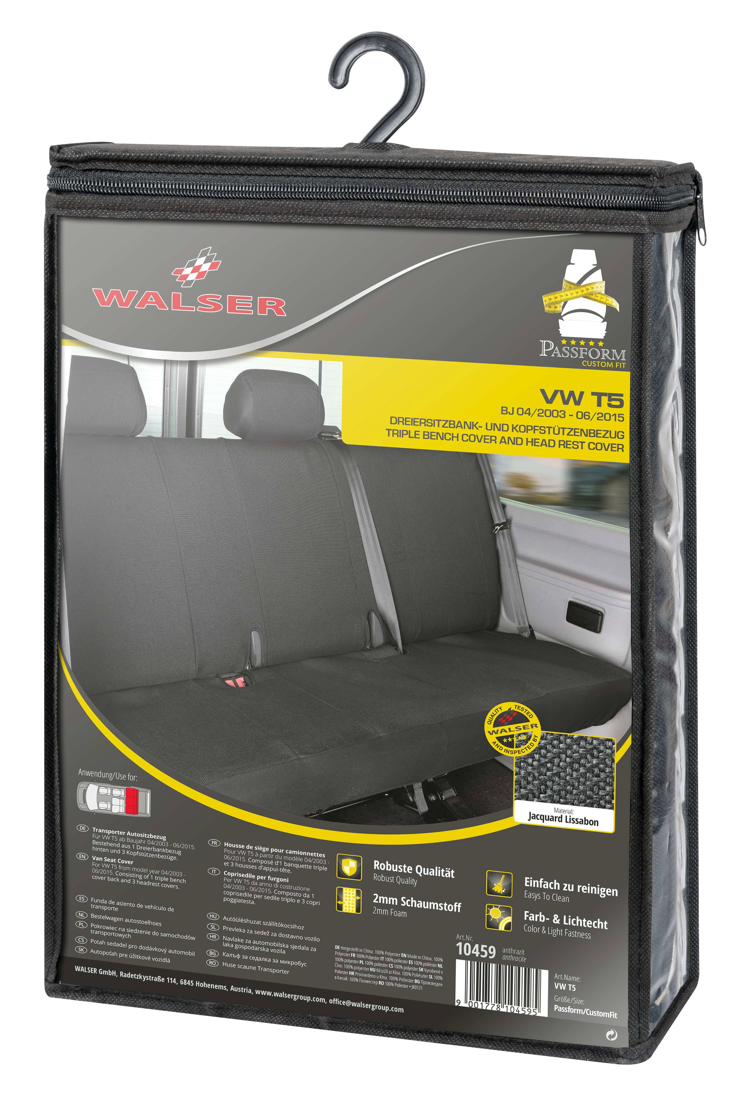 VW T5 kompatibler Sitzbezug Kunstleder, passgenau für 3er Bank, robuste Sitzbezüge Transporter/Van anthrazit