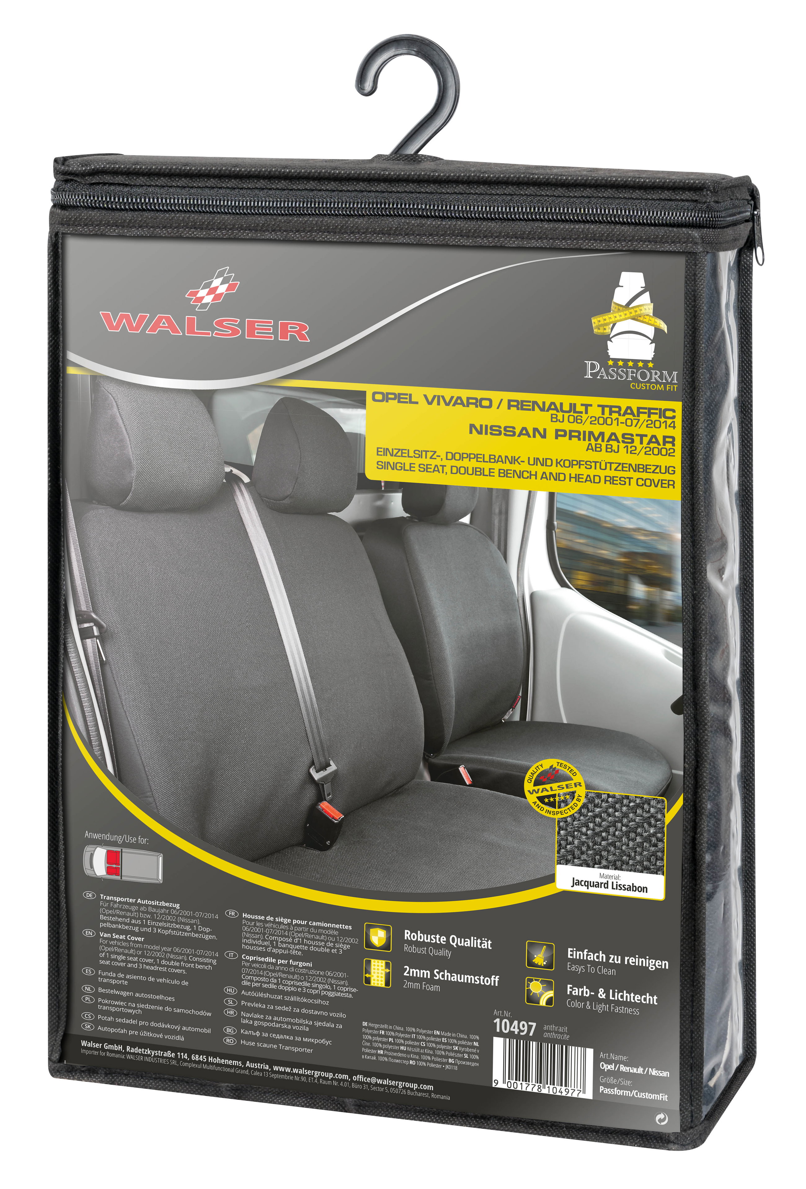 Autostoelhoes Transporter Fit van stof antraciet geschikt voor Opel Vivaro, Renault Traffic, Nissan Primastar, Einzel- & Dubbele Bank