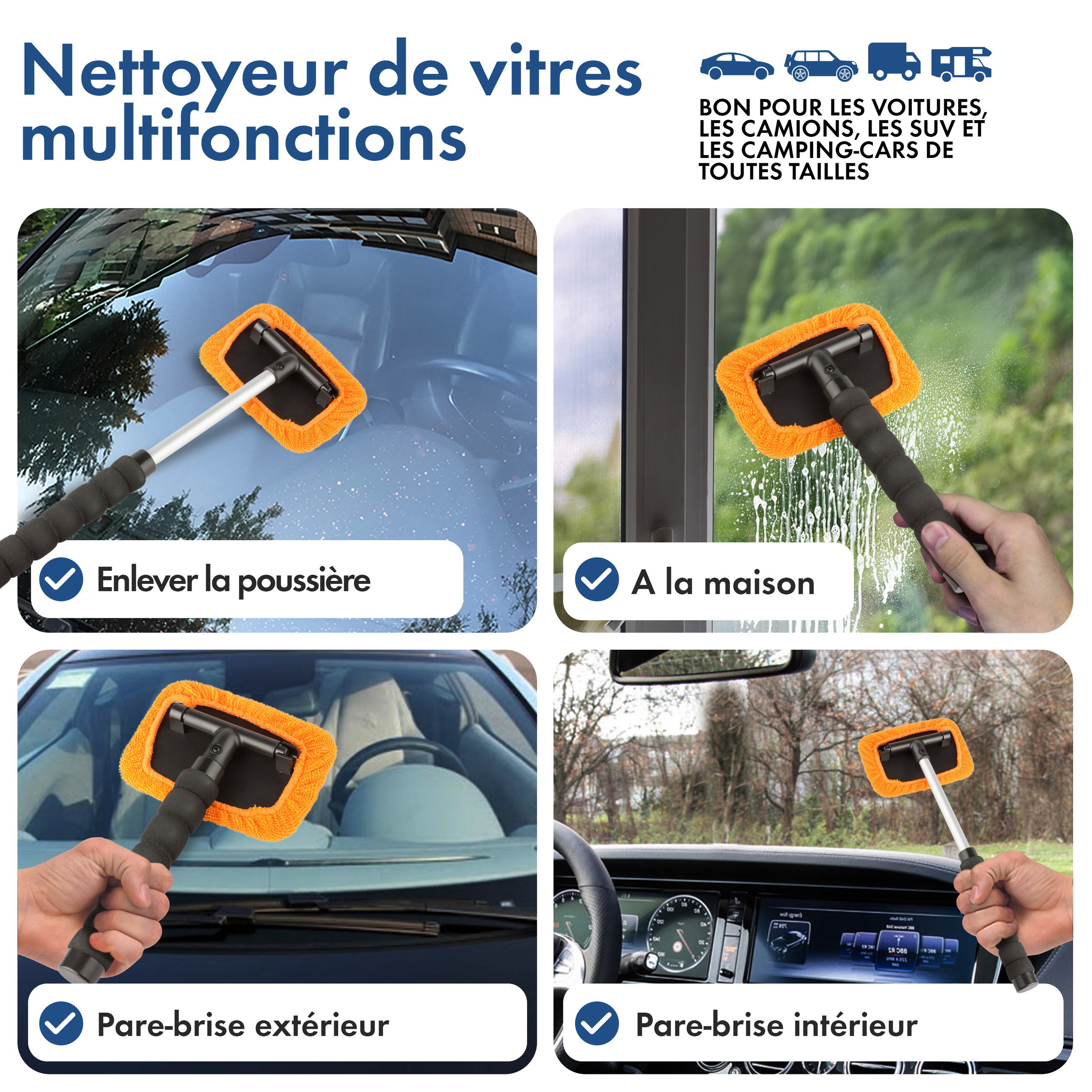 Nettoyeur de vitres avec vaporisateur télescopique 26 - 42 cm orange