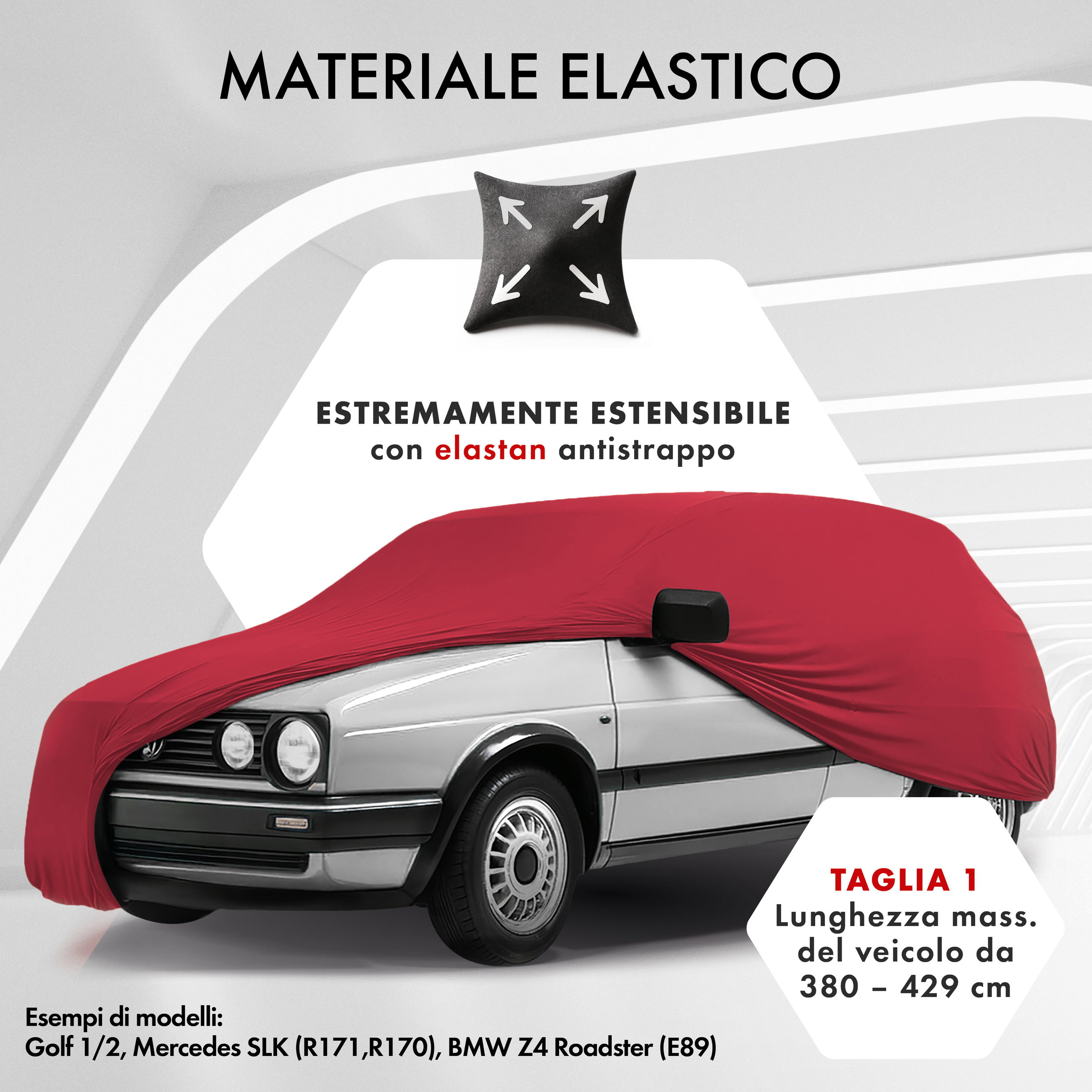 Premium Telo Copriauto da interno Indoor Stretch Plus, Copertura protettiva per uso interno Misura 1 Auto rosso