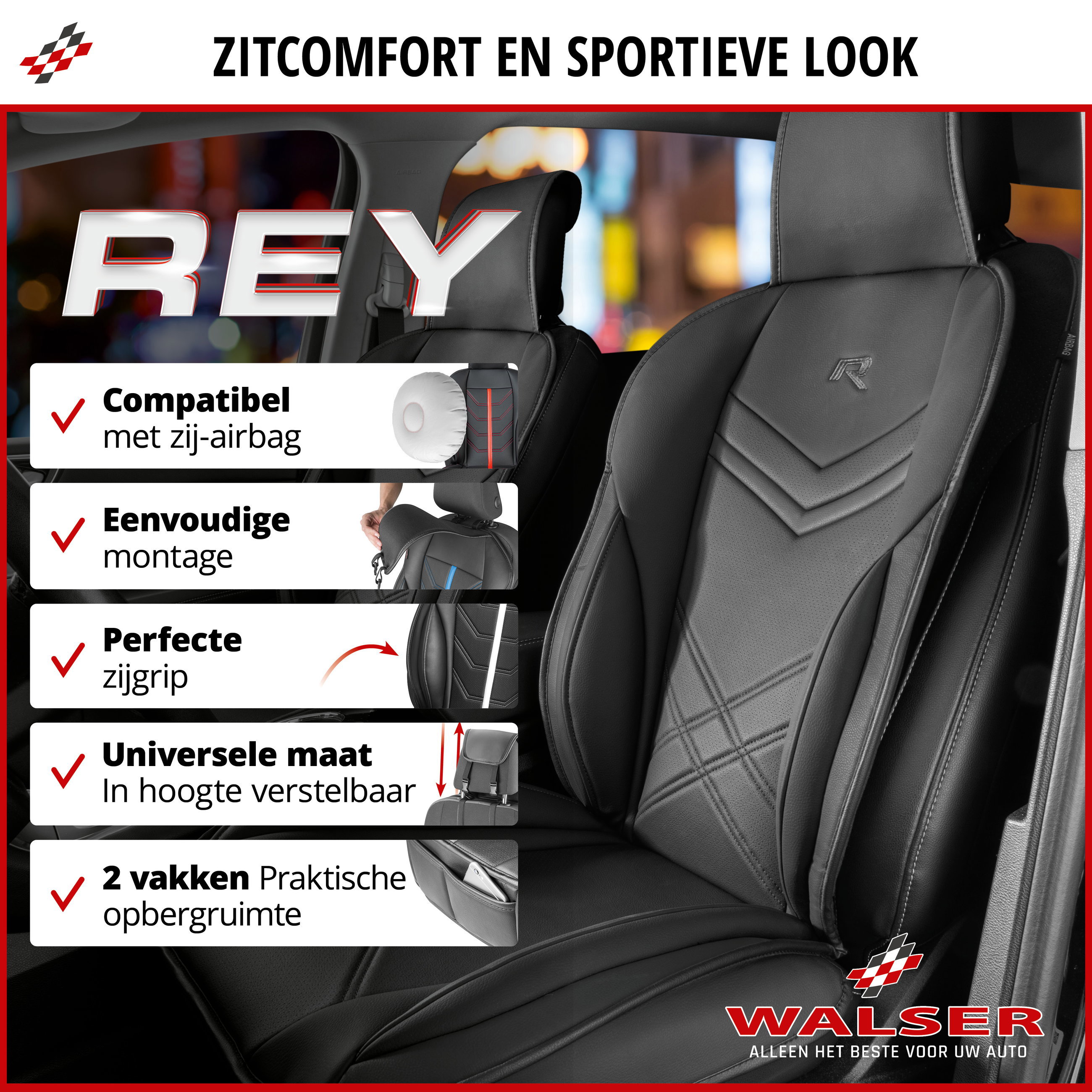 Autostoelhoes Rey, universele stoelhoes en beschermmat in zwart, stoelbeschermer voor auto's en vrachtwagens in racing look, 1 stuk