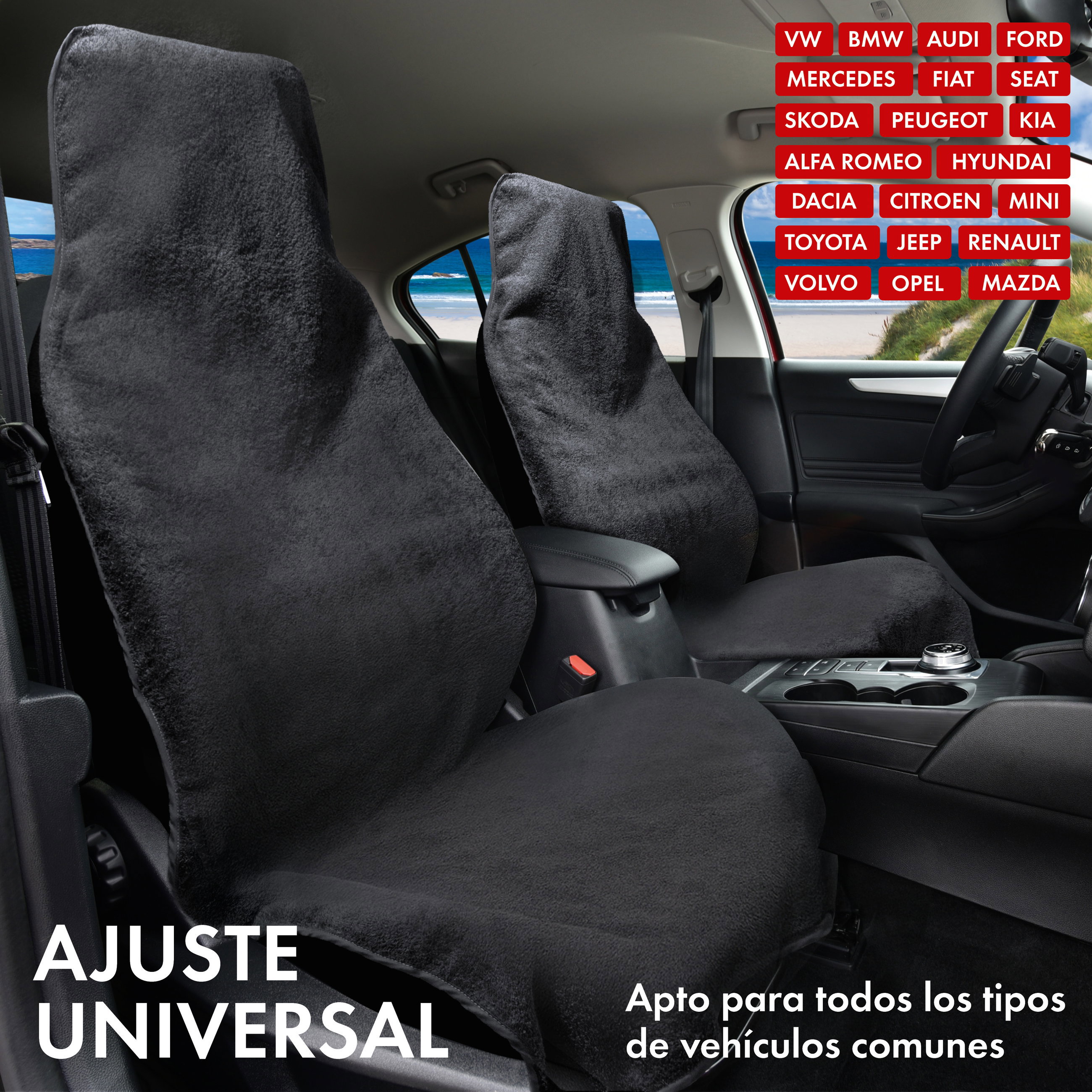Coche cojín de asiento de Frottee, coche protector de asiento lavable negro, 2 pieza