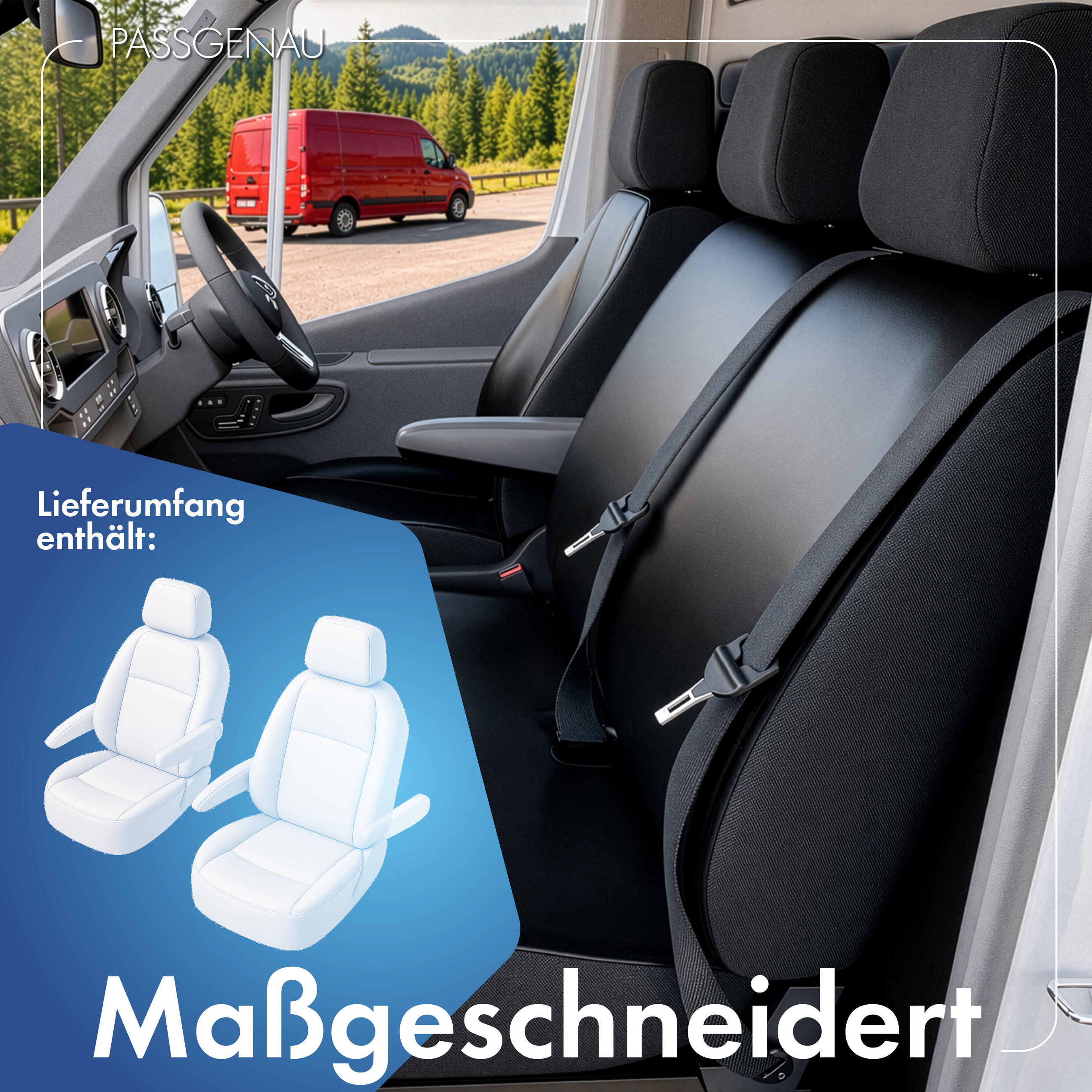 Mercedes-Benz Viano/Vito (W639) kompatibler Sitzbezug Kunstleder, passgenau für 2 Einzelsitze vorne (Ausnehmung Armlehne rechts und links), robuste Sitzbezüge Transporter/Van anthrazit