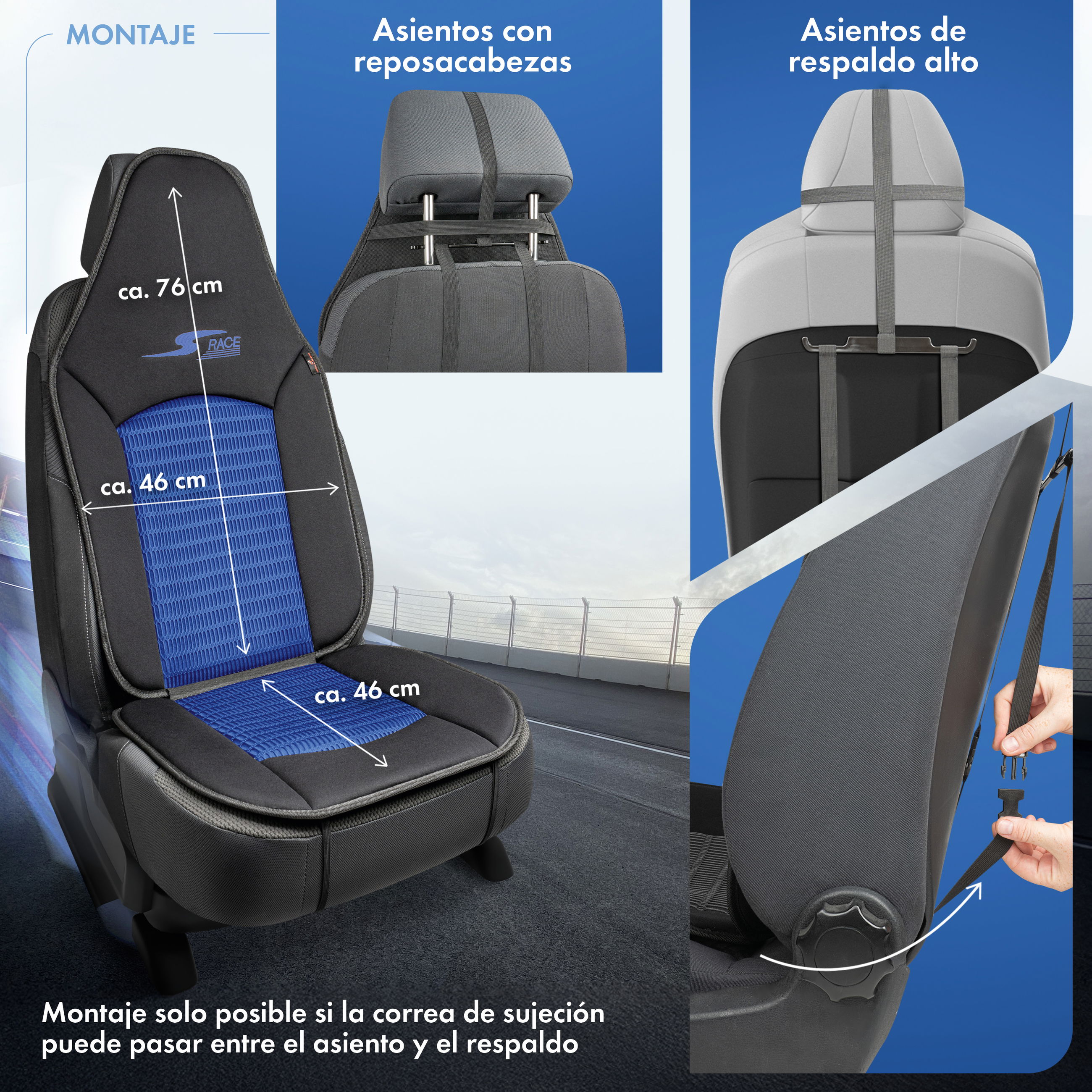 Cojín de asiento S-Race, coche protector de asiento para Highback-/asientos tipo piloto, coche protector de asiento asientos delanteros azul, 1 pieza
