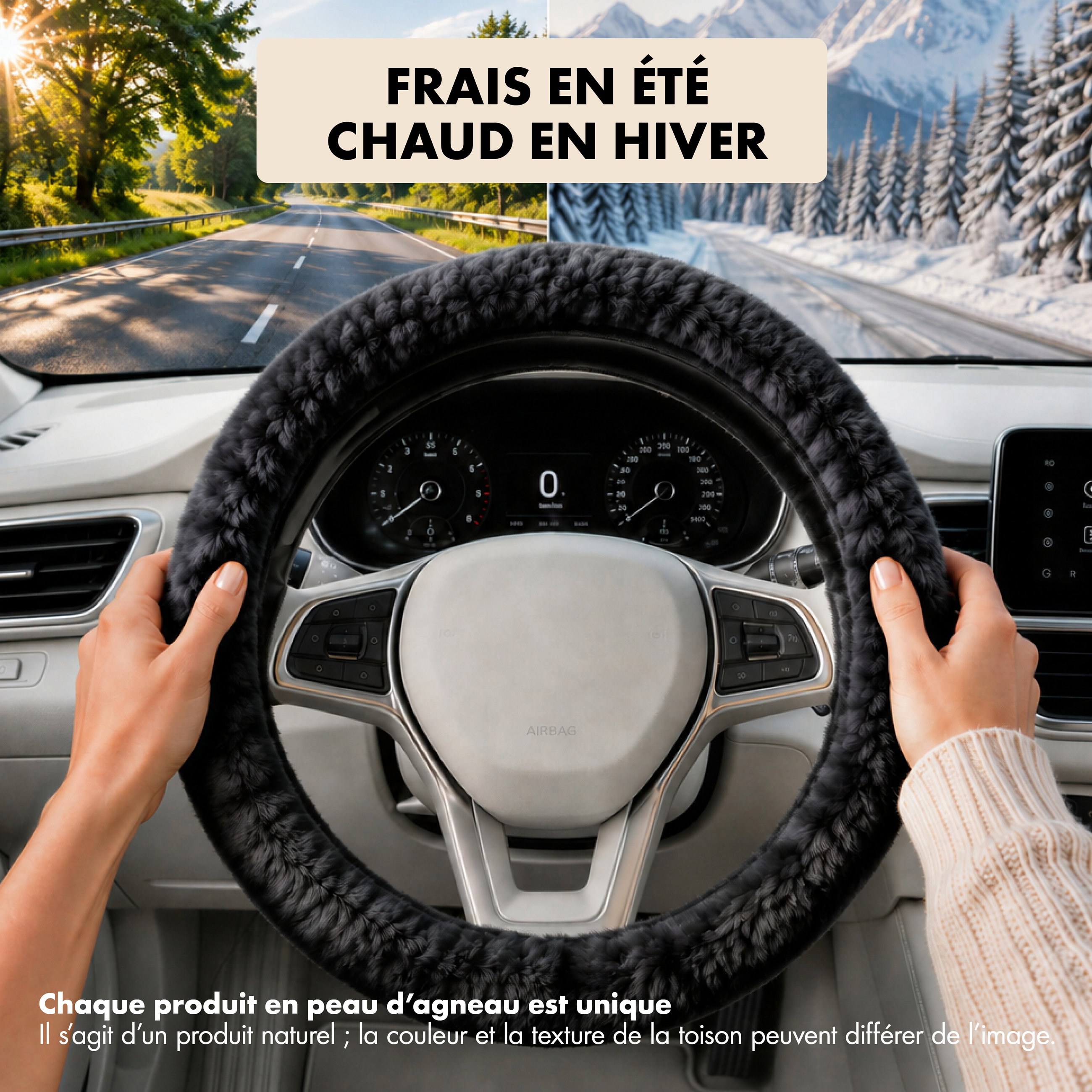 Houssse de volant en peau d'agneau - Houssse de volant en noir