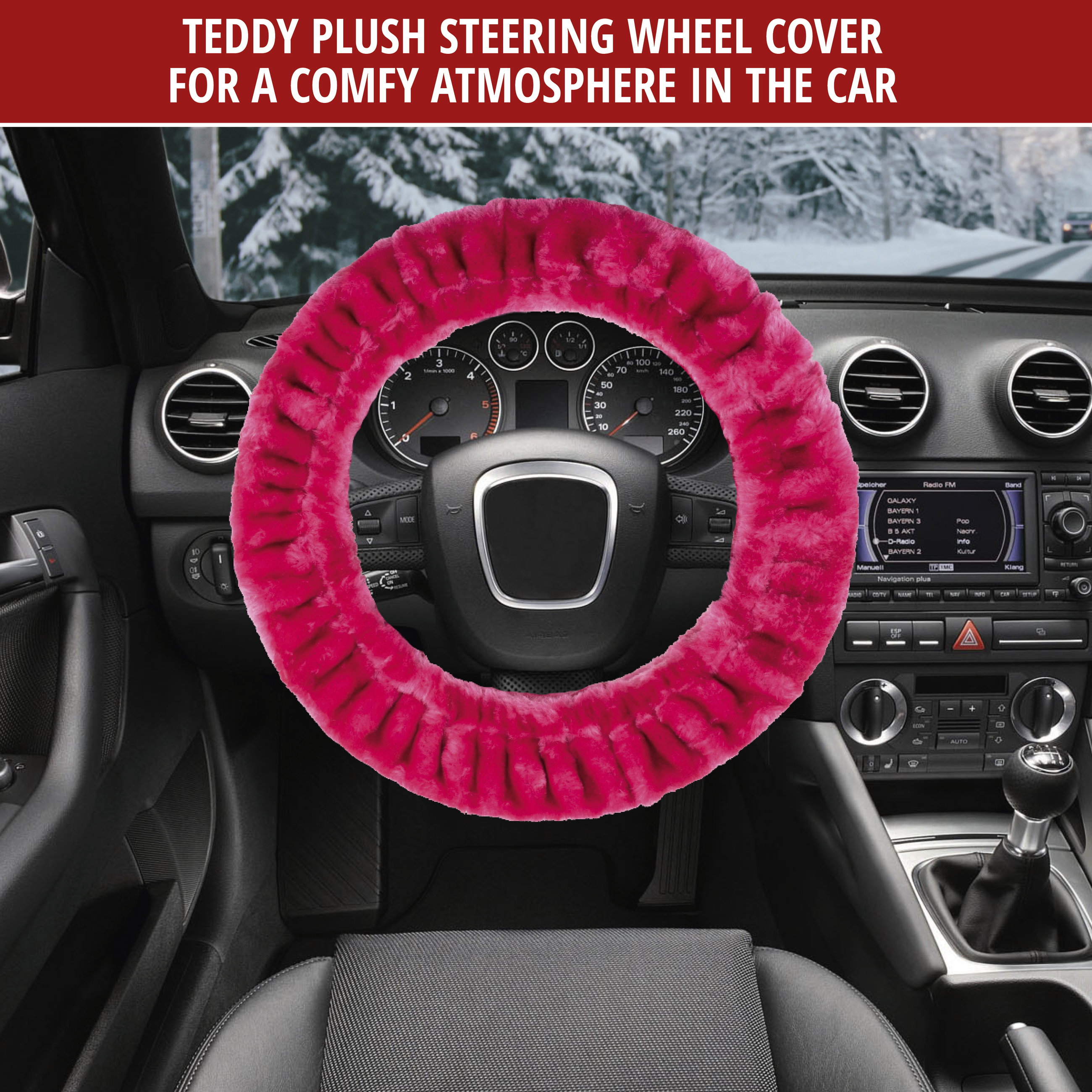 Teddy plush steering wheel cover, fluffy faux fur steering wheel cover, plush steering wheel protector pink