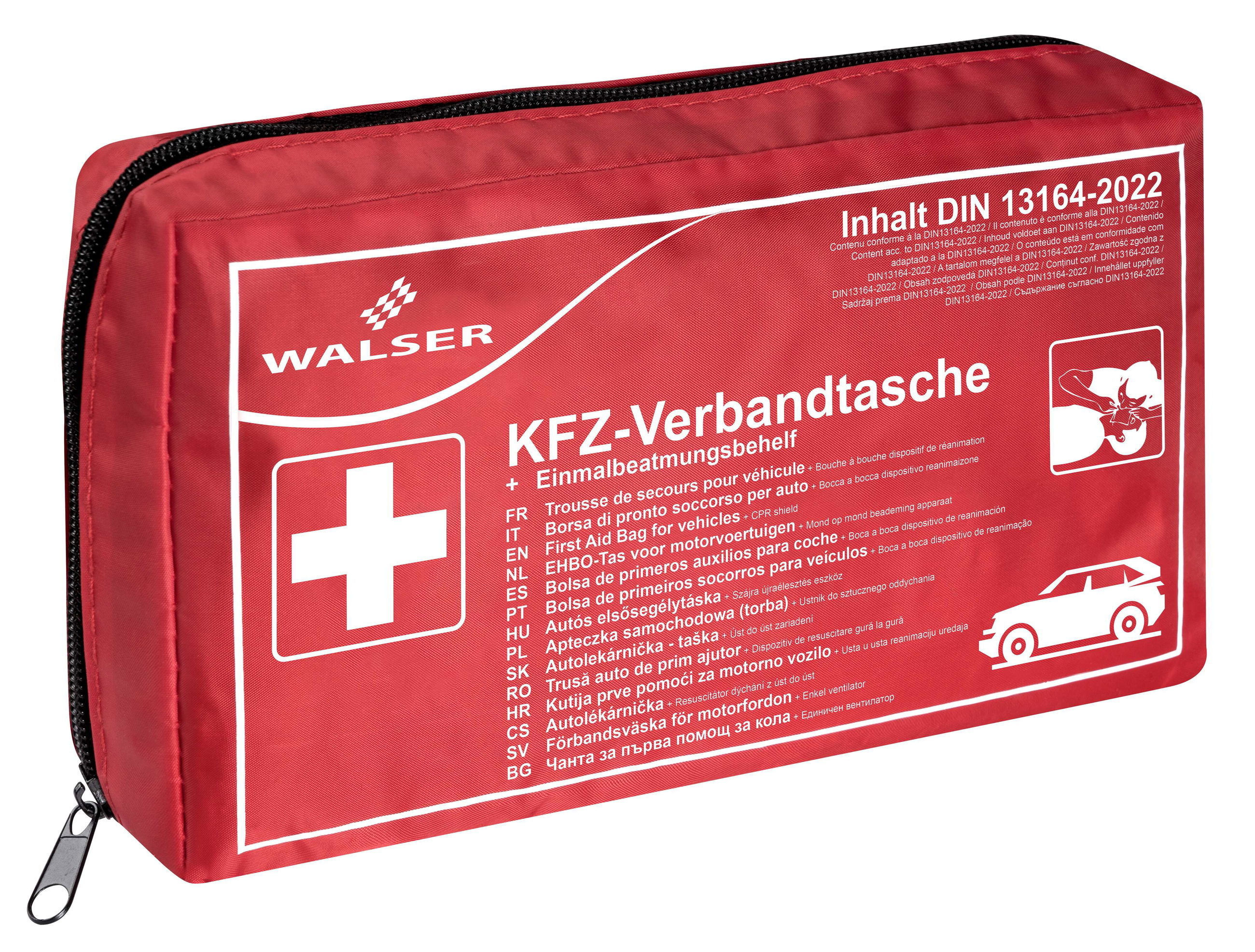 Erste-Hilfe-Tasche, KFZ-Verbandsasche, Rote Tasche, Medizinischer Notfall, Inhalt DIN 13164-2022