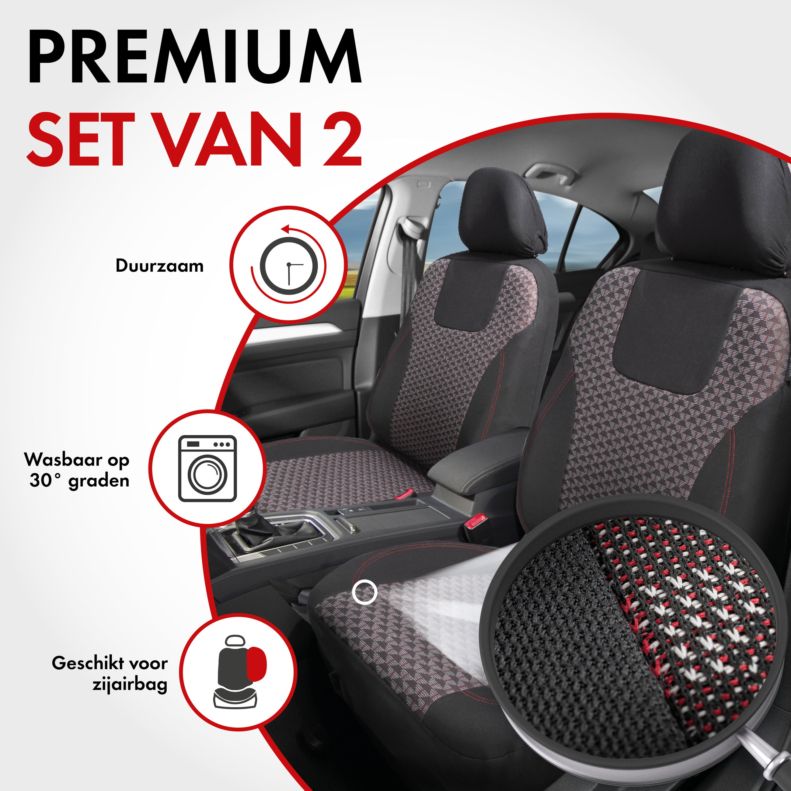 Premium Autostoelhoezen Redring met rits, ZIPP-IT stoelhoezen, 2 voorstoelhoezen zwart/rood