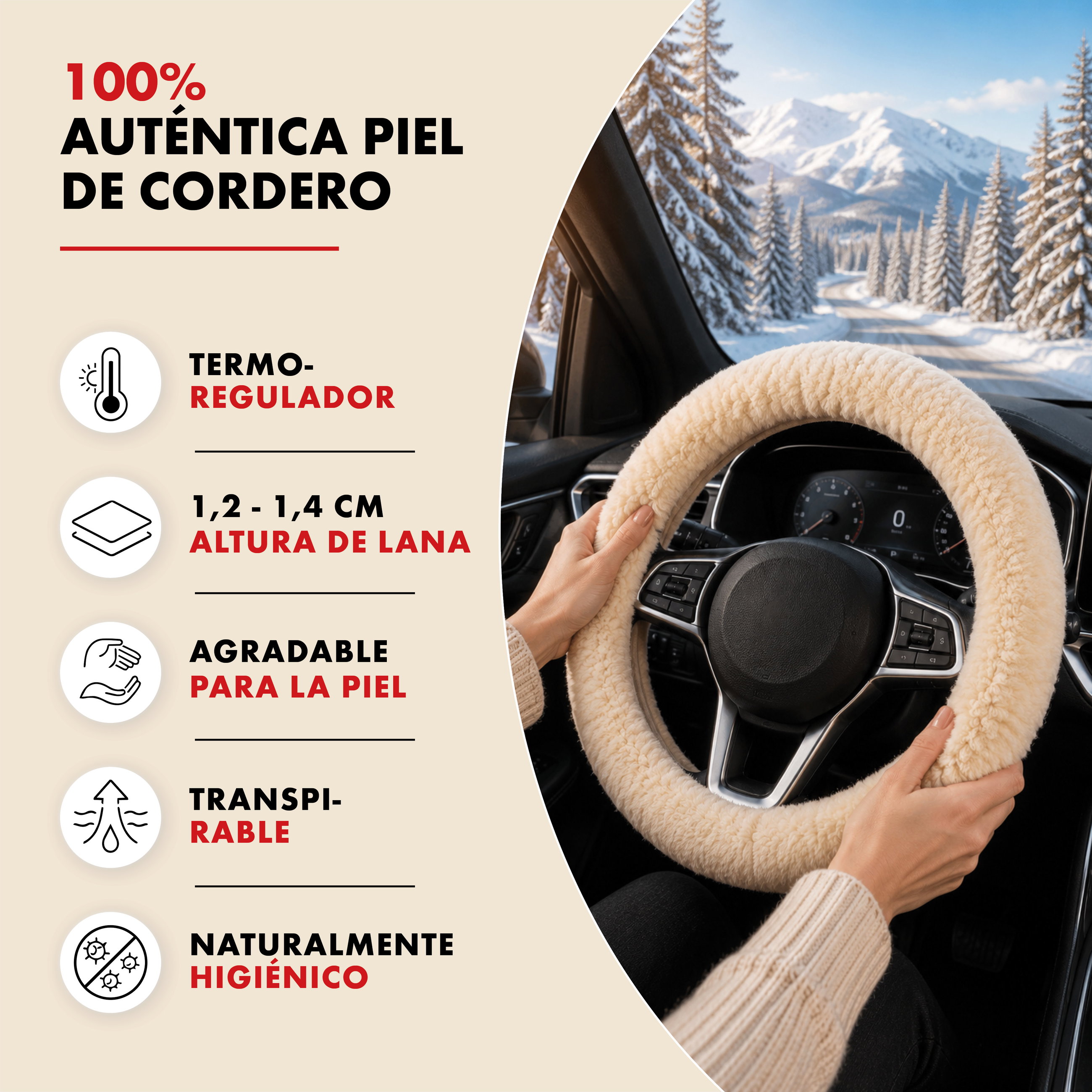Funda de volante piel de cordero, protector de volante de coche, funda de volante talla universal beige