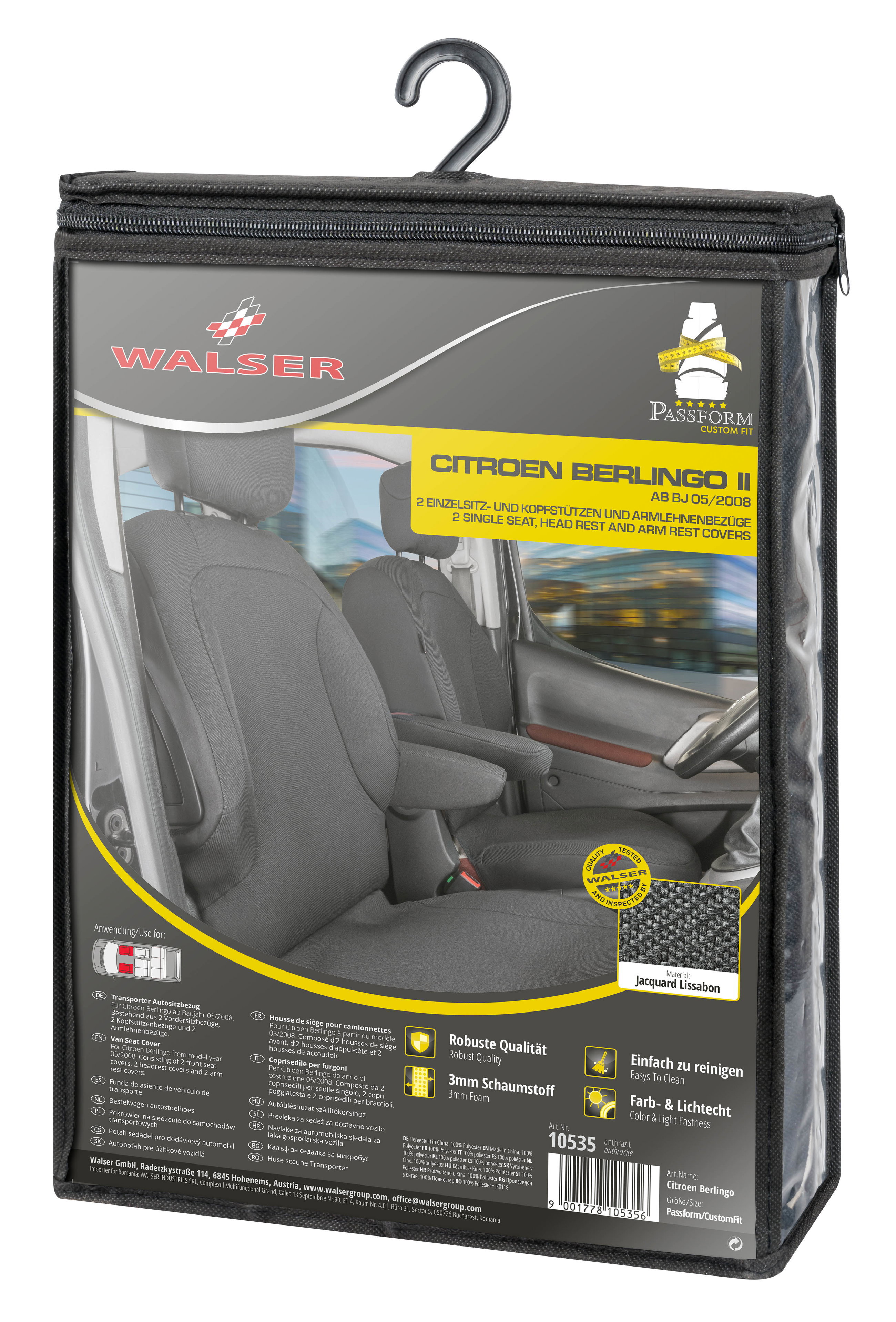 Citroen Berlingo kompatibler Sitzbezug Stoff, passgenau für 2 Einzelsitze vorne, robuste Sitzbezüge Transporter/Van anthrazit