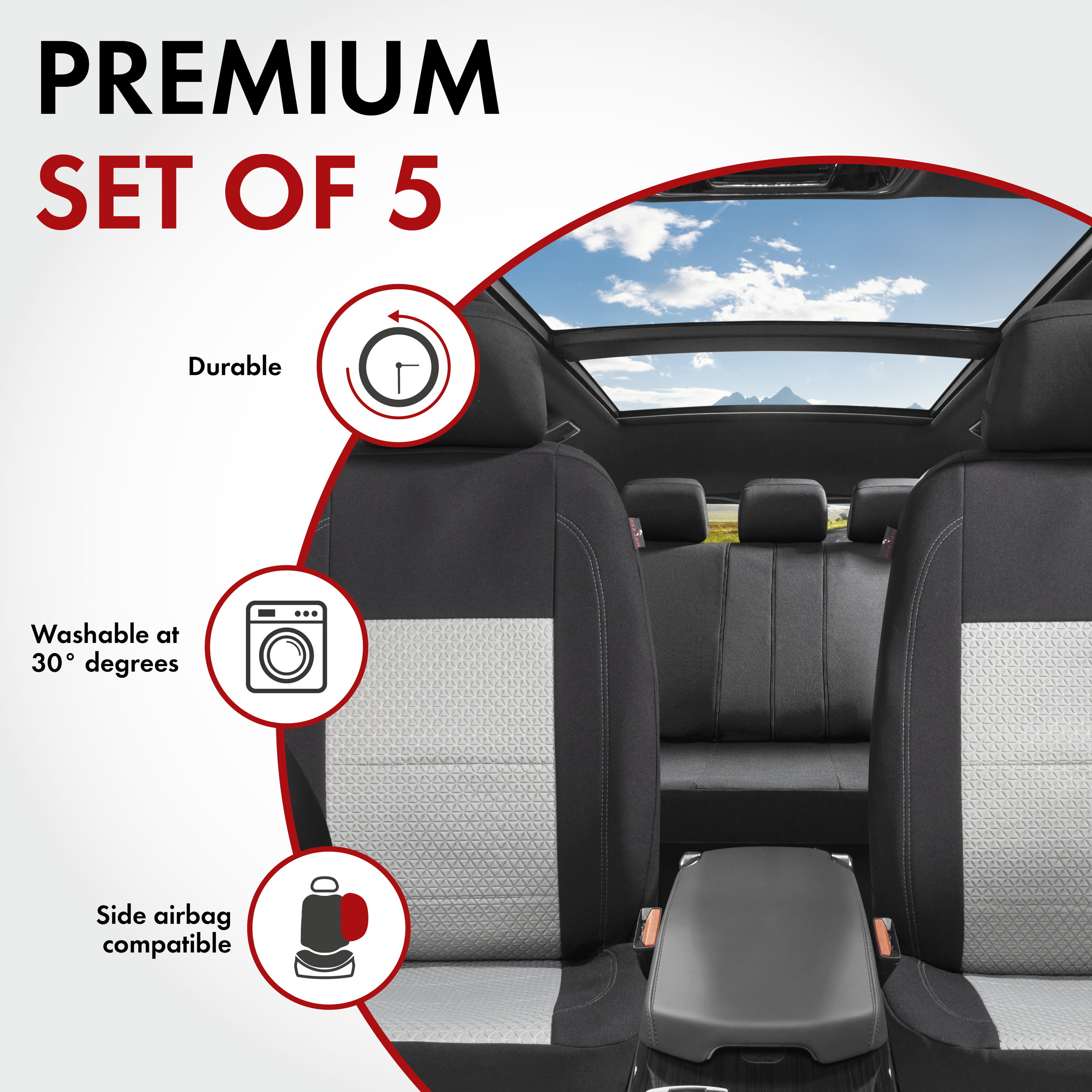 BilSätesskydd ZIPP-IT Premium Avignon, bilklädsel komplett set med dragkedjesystem svart/silver