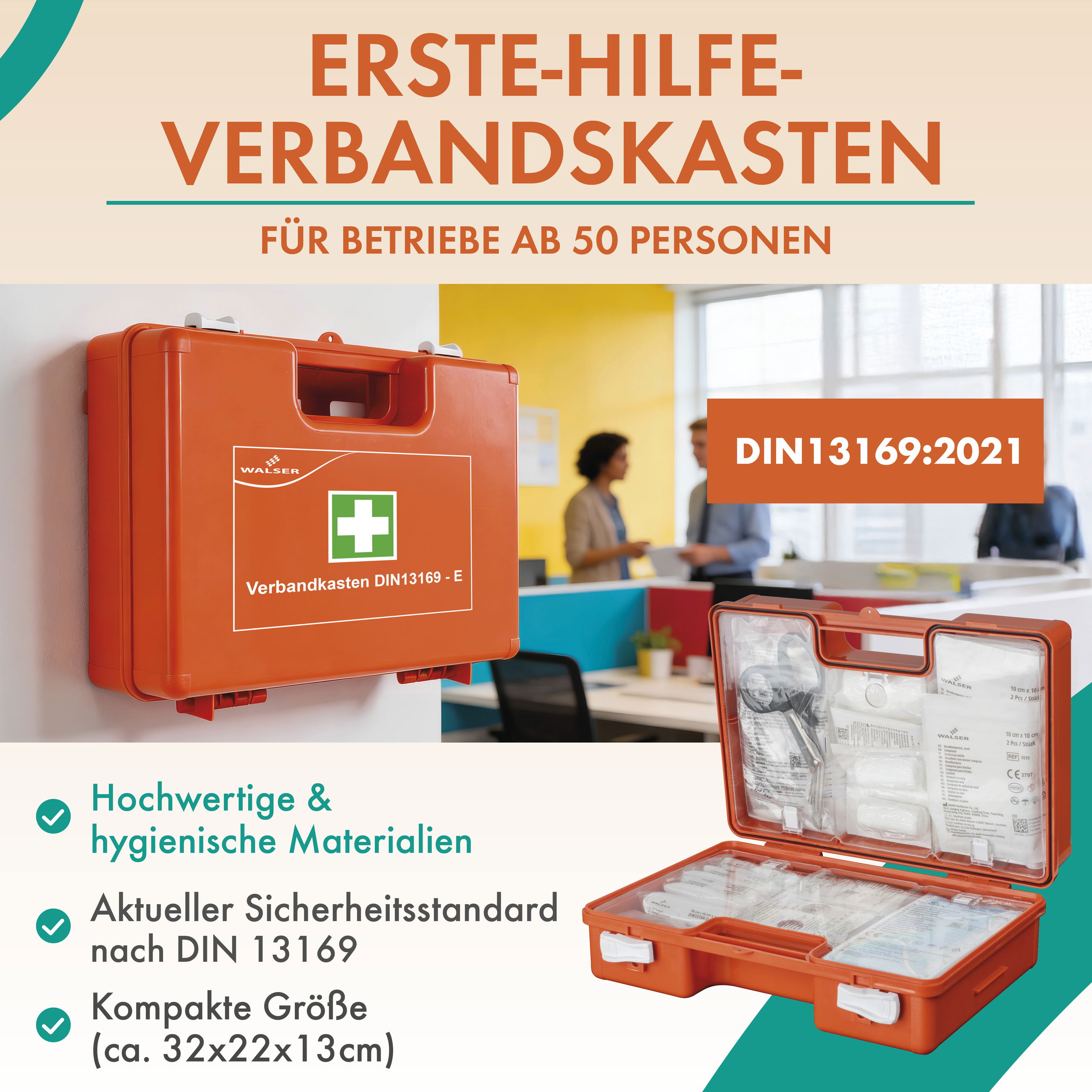 Erste Hilfe, Kabinett, Mobiliar, Erste Hilfe, Kabinett, Mobiliar, Erste-Hilfe-Kasten, Notfallkasten, Verbandkasten, DIN13169, orange