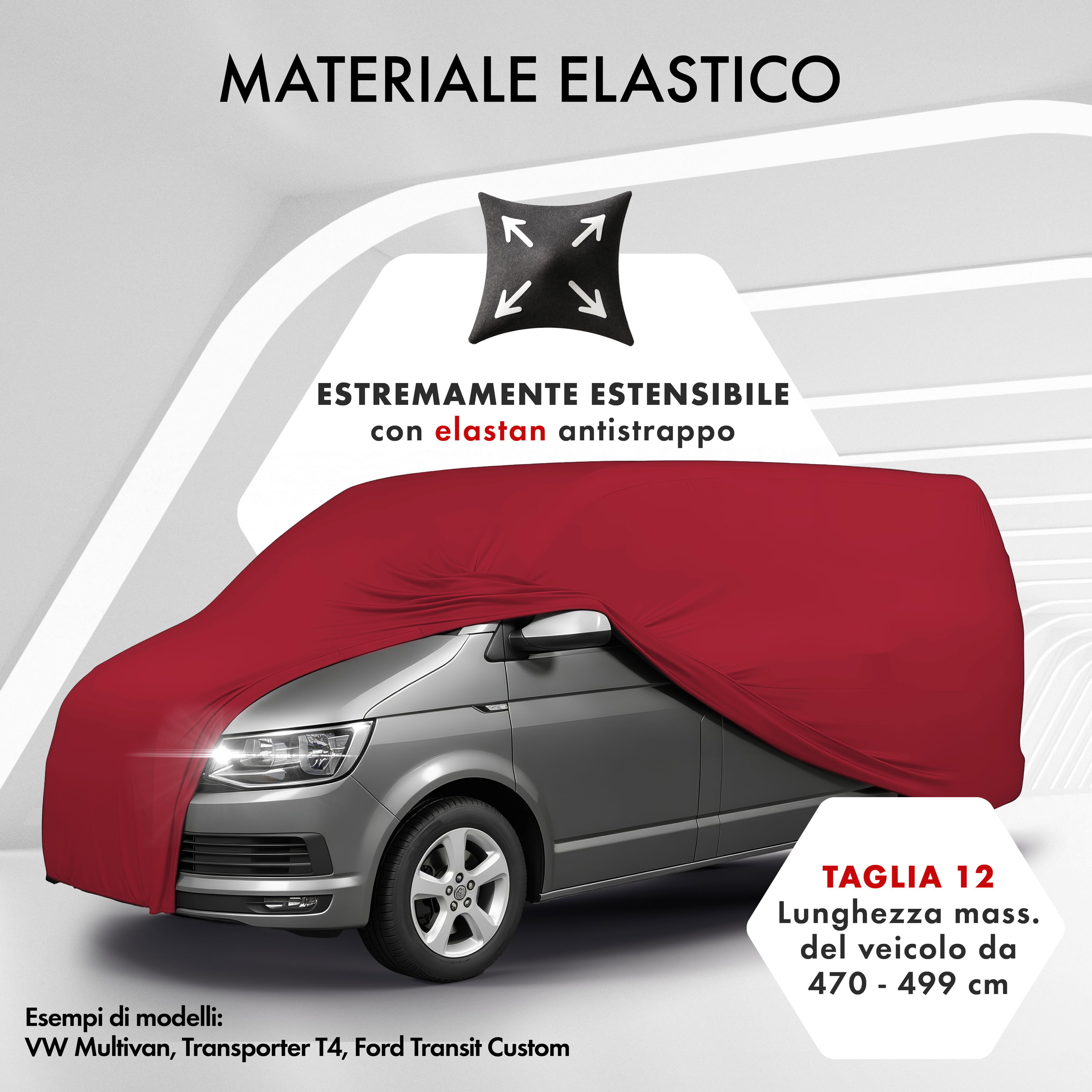 Telo copriauto Indoor Stretch Plus, telo protettivo per furgone/bus Taglia 12 Bus rosso