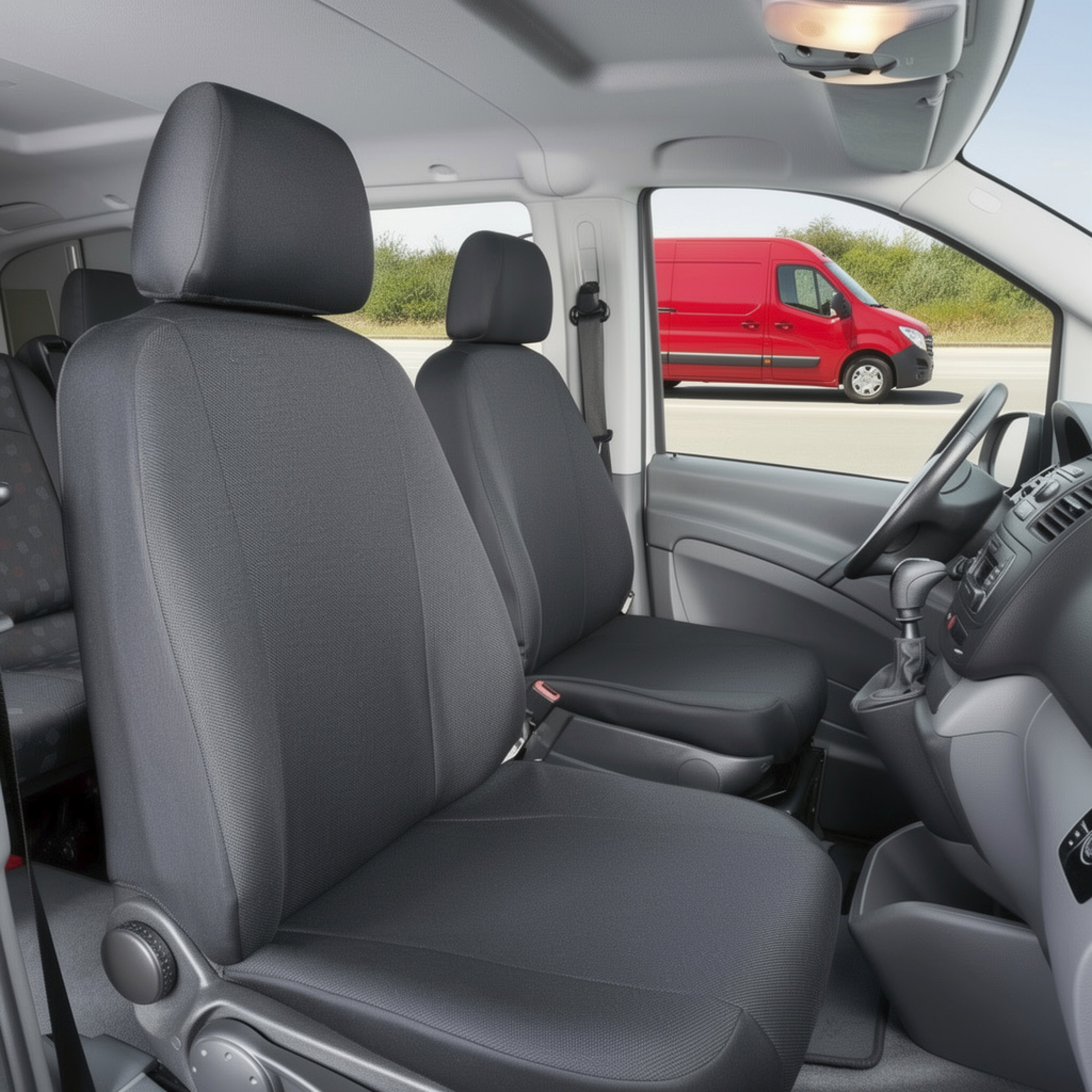 Kombisitz, Vordersitze, Schwarz, Stoffbezug, Fahrgastkabine, Kombisitz, Fahrersitz, Beifahrersitz, Innenraum, Grau
